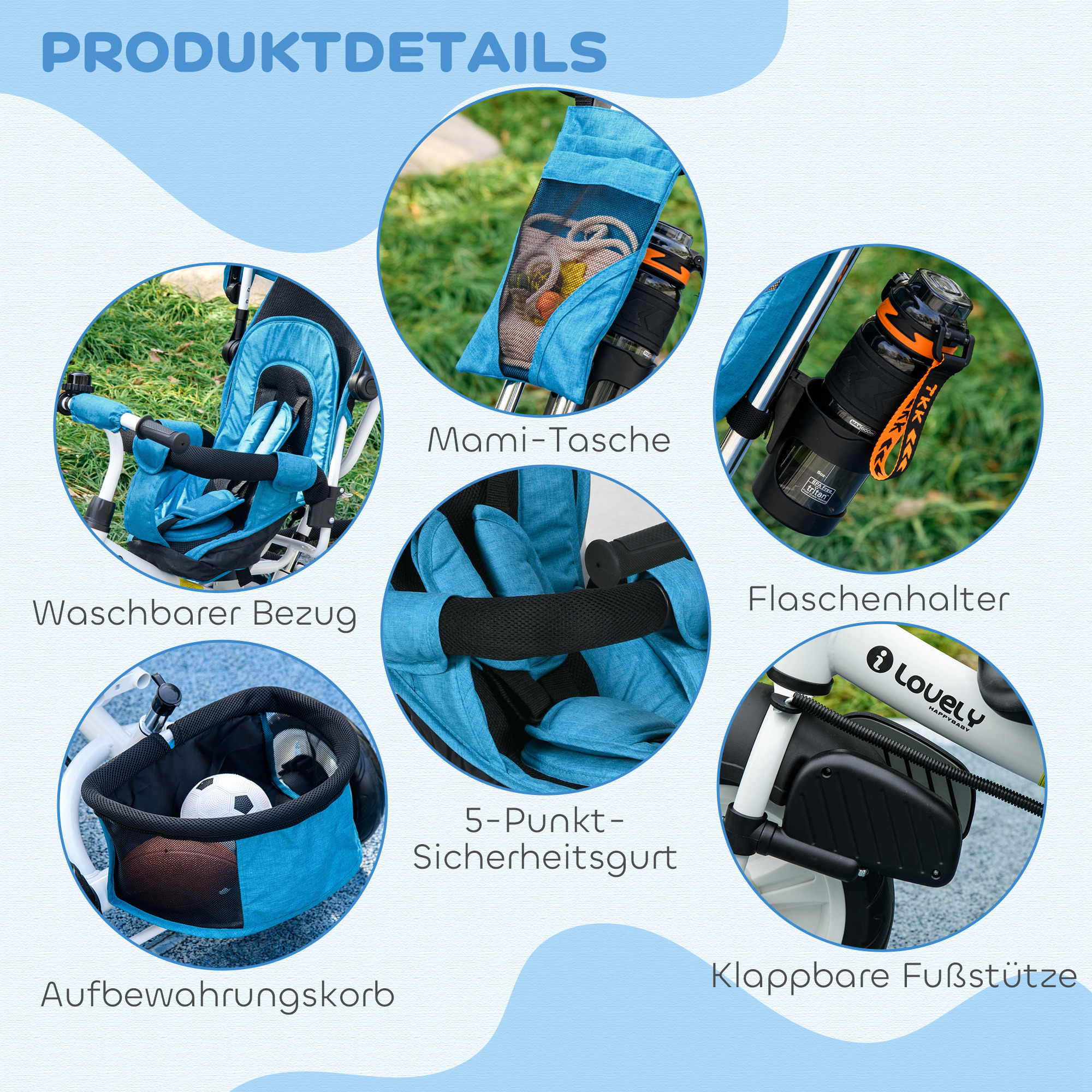 Kinder-Dreirad, Kinderfahrrad, Rückenkorb, Becherhalter, Sonnendach, Metall, Blau