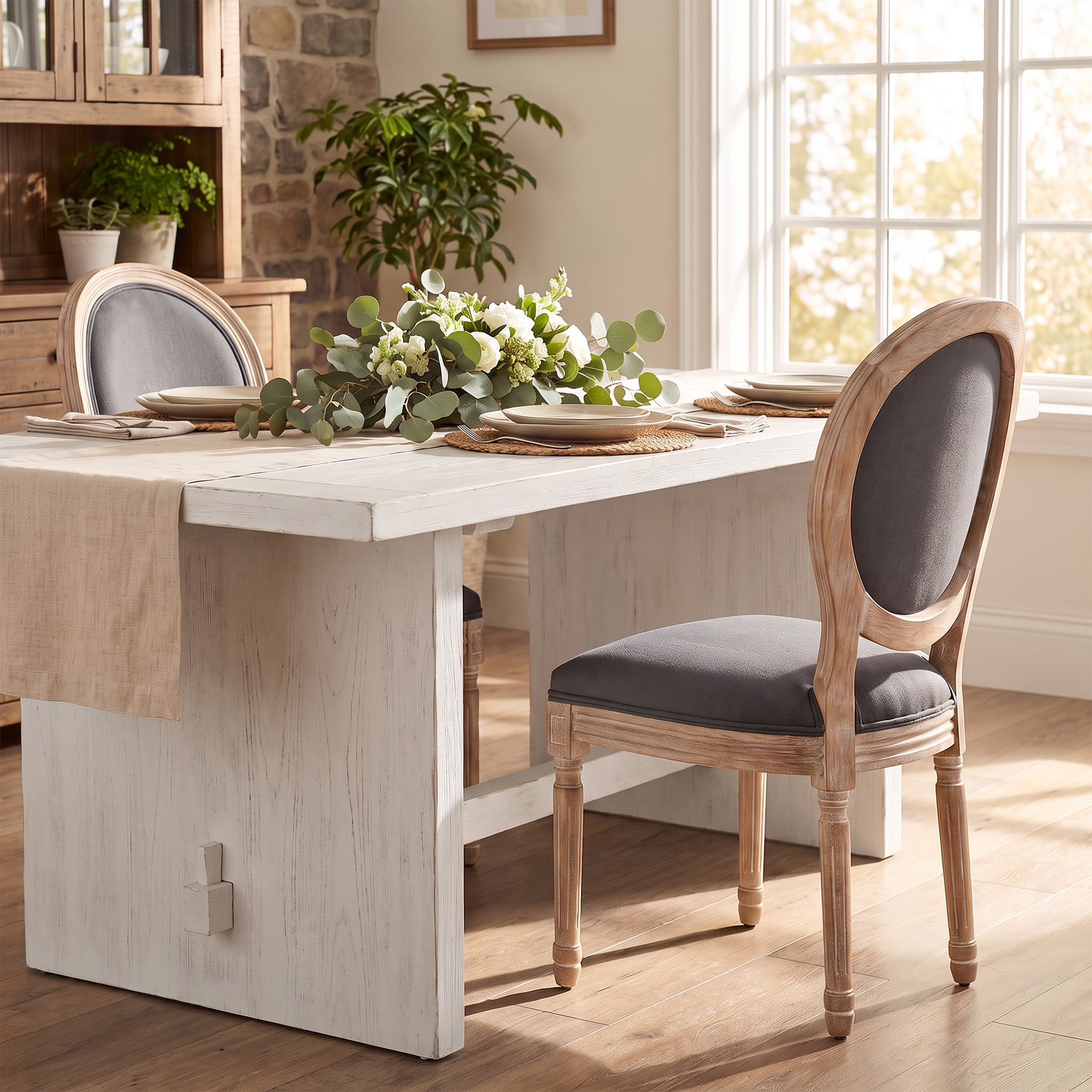 Esszimmerstühle 2er Set Küchenstuhl mit Rückenlehne, Leinenoptik für Esstisch, Grau+Natur
