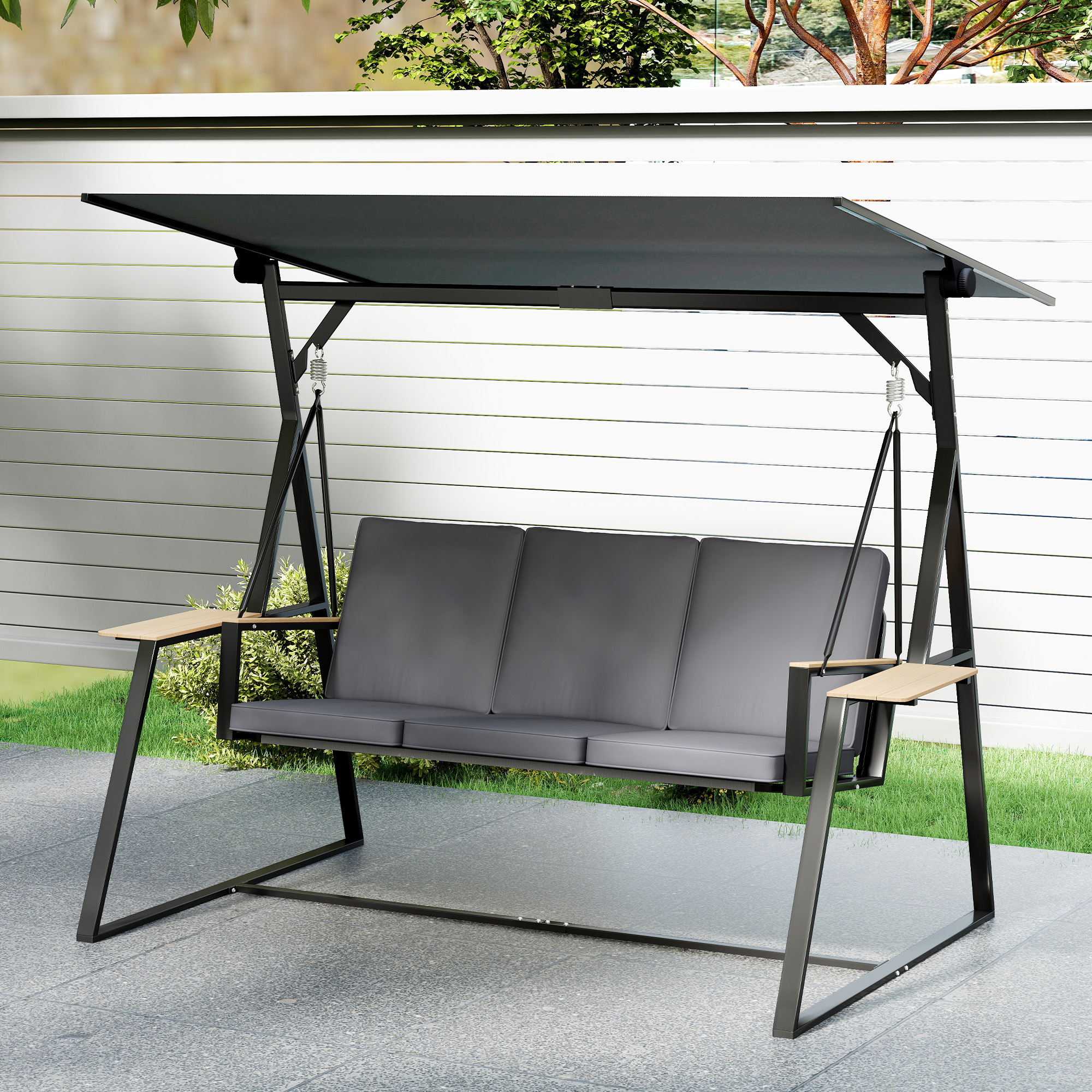 3-Sitzer Gartenschaukel mit verstellbarem Dach, Kissen und Getränkeablagen, 360 kg Tragkraft, Grau