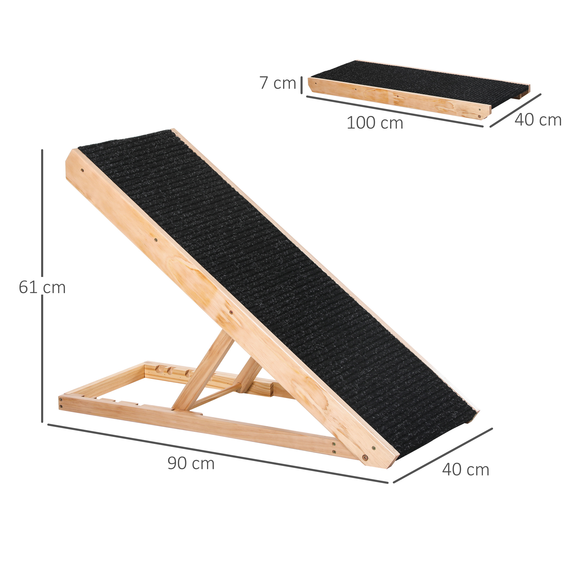 Haustierrampe mit rutschfestem Teppich verstellbarer Haustierleiter Hunderampe für großen Hund Kiefernholz Polyester Schwarz+Naturholz 90B x 40T x 61H cm
