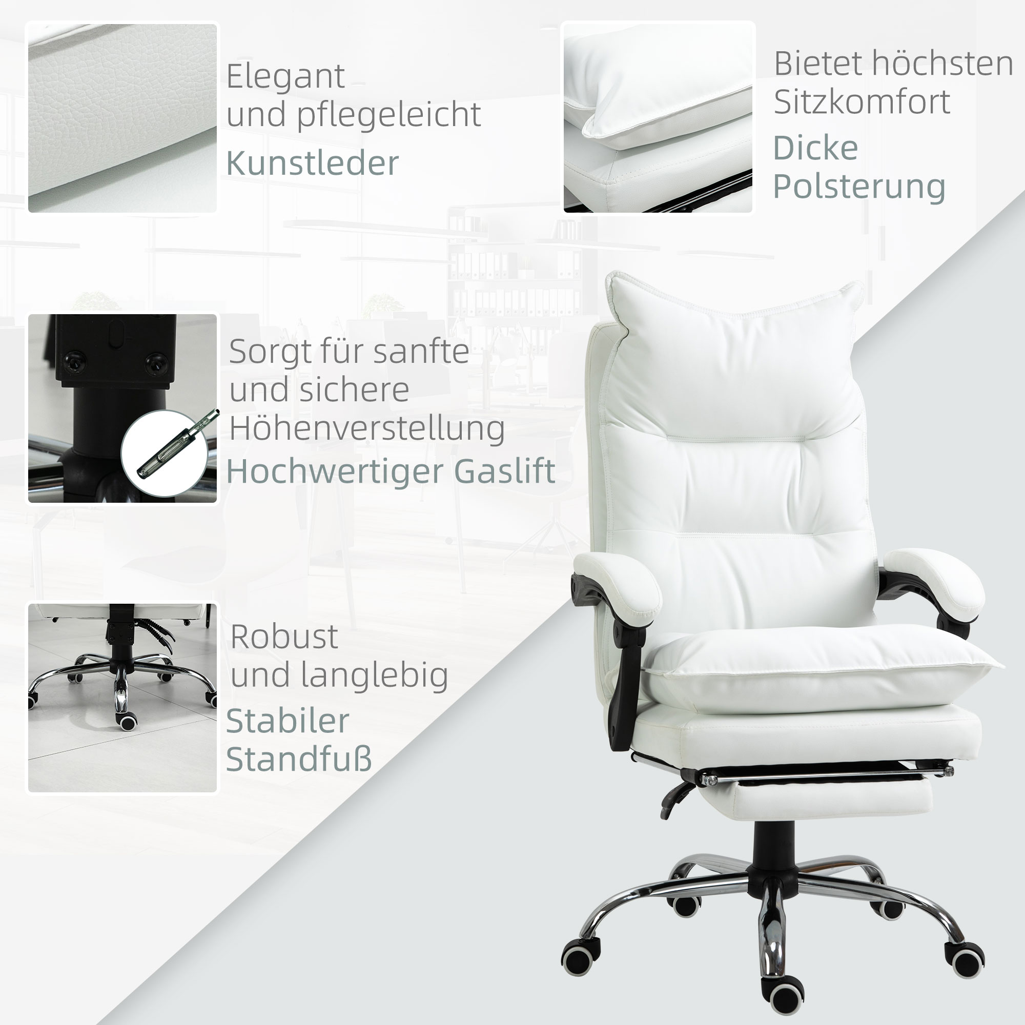 Bürostuhl mit Liegefunktion, ergonomisch höhenverstellbar  mit Fußstütze, gepolstert, bis 135 kg belastbar, 66 x 72 x 122-130 cm, Weiß