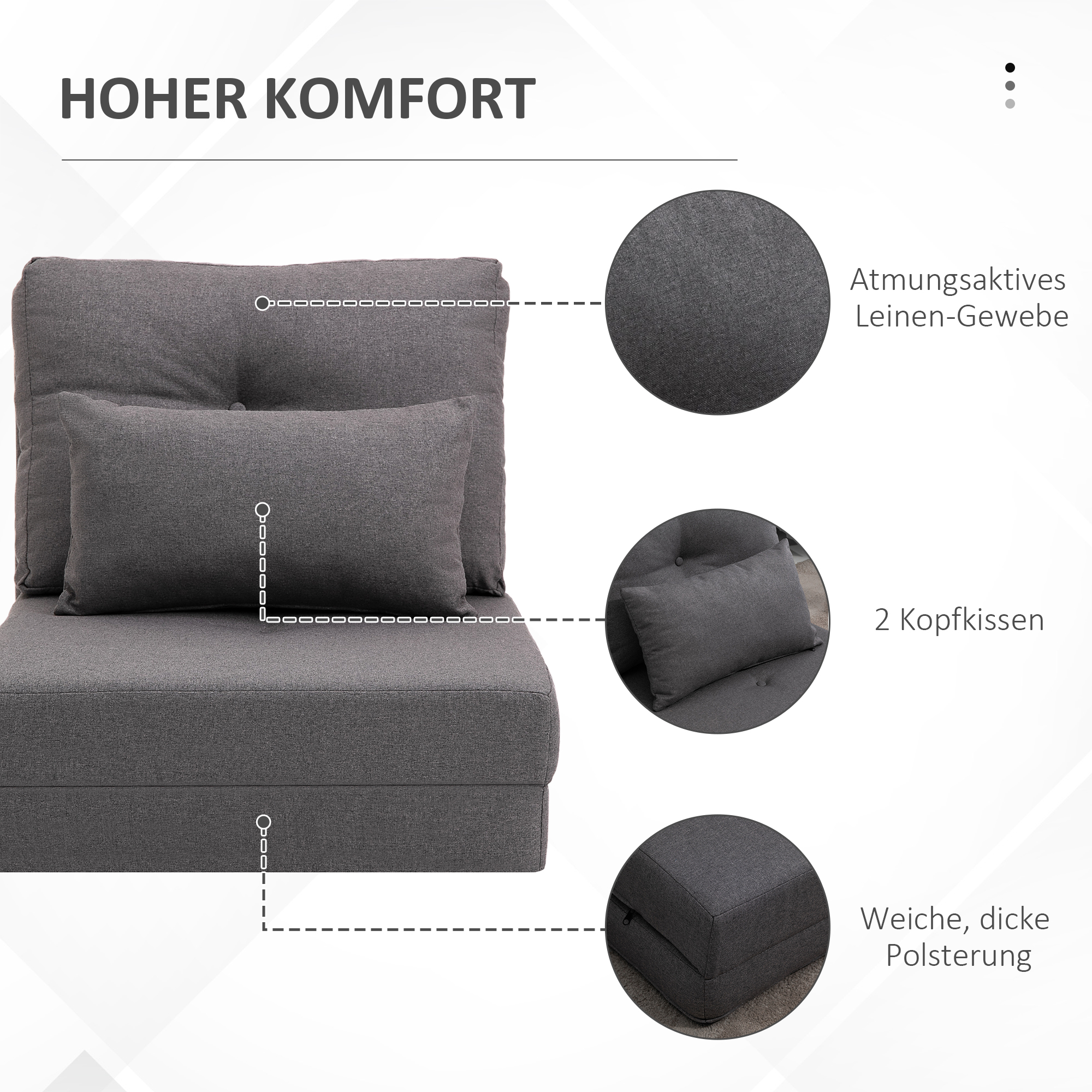 Bodensessel Klappmatratze Schlafmatte, 2-in-1-Design, abnehmbares Kissen, 60 x 80 x 56 cm, Dunkelgrau