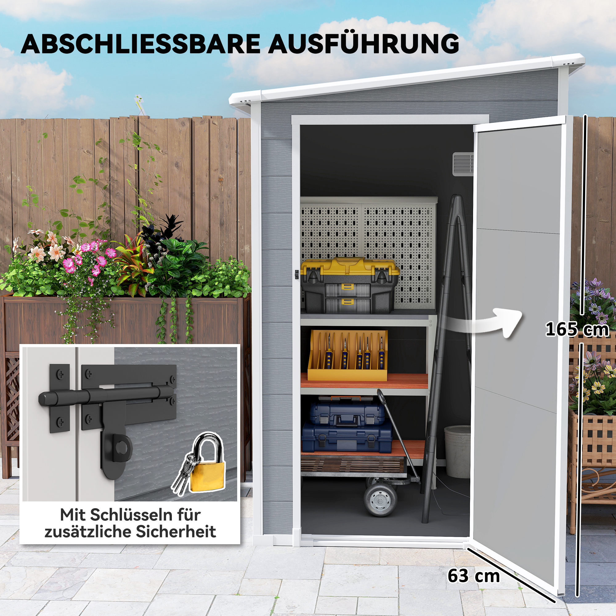 Geräteschuppen, Tür mit Schloss, Fenster für Tageslicht & Belüftung, Aluminium, 122 x 149 x 192/177 cm Grau