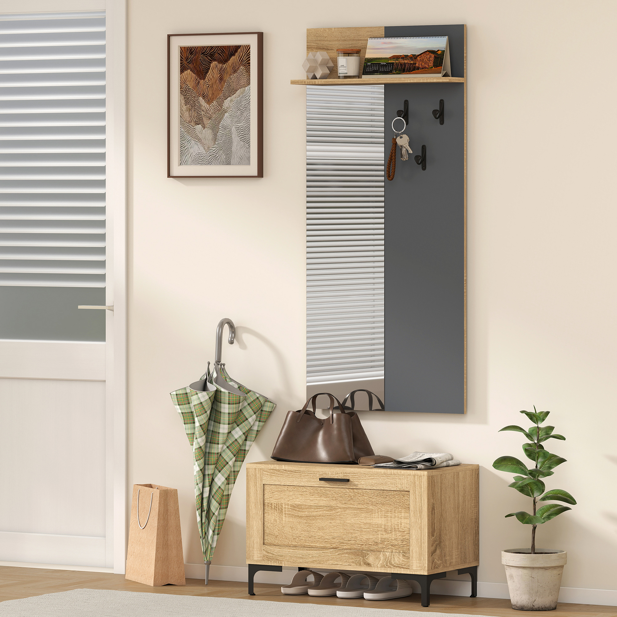 Garderobenset für Eingangsbereich, Schuhbank, Spiegel, 3 Haken, Offenes Regal, Flurmöbel, Naturholz+Grau