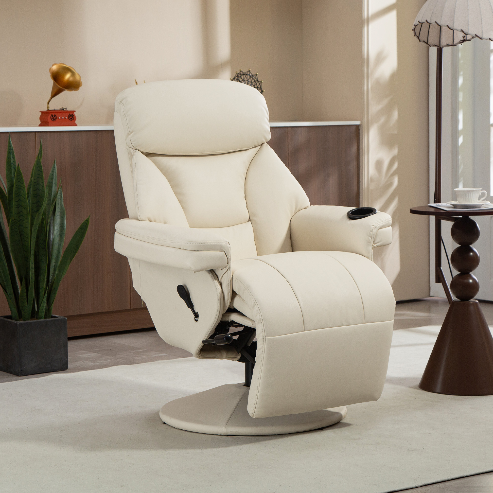 Relaxsessel mit Liegefunktion Fernsehsessel mit Seitentasche, Becherhalter für Wohnzimmer Schlafzimmer Creme