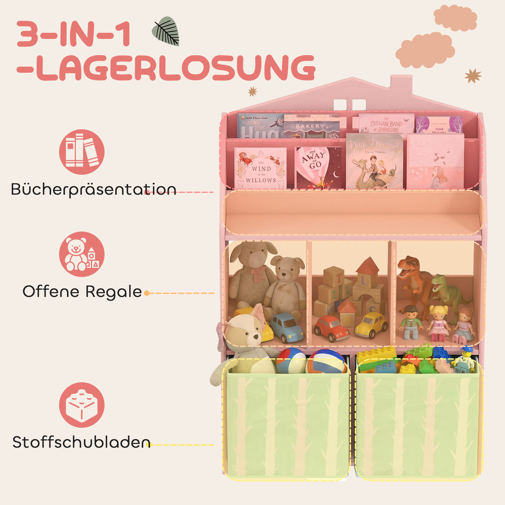 Kinderregal Bücherregal Kinder mit 2 Stoffschubladen offen Regal für 3-8 Jahre 62,5x30x91,5 cm Rosa