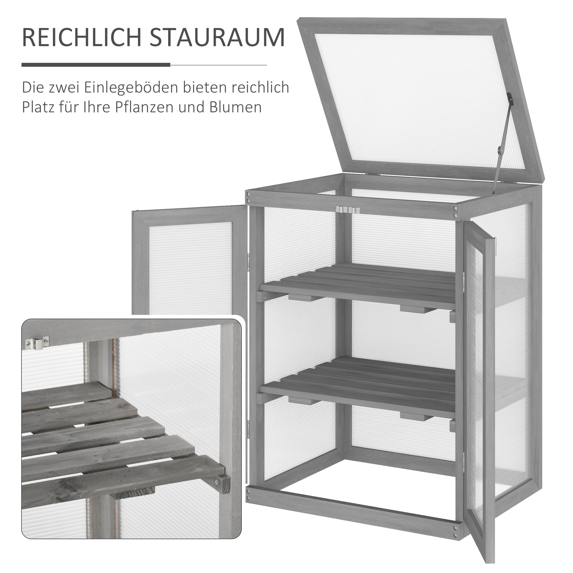 Gewächshaus, Treibhaus, transparent, geeignet für Außenbereiche, Holz+Polycarbonat, 58 x 44 x 78cm