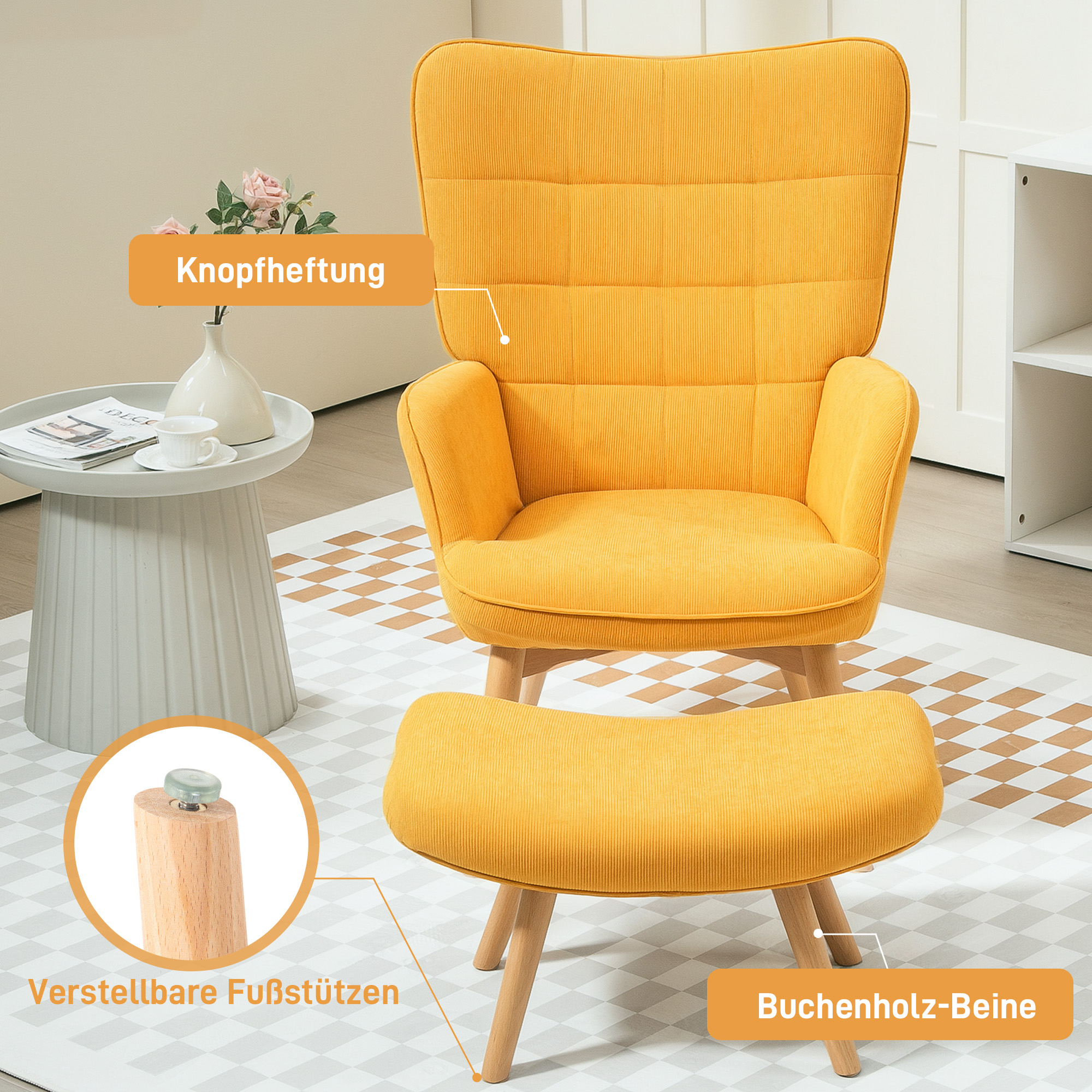 Akzentsessel mit Hocker, Relaxsessel in Cord-Optik, Armlehnstuhl mit Holzbeinen, für Wohnzimmer, Orange