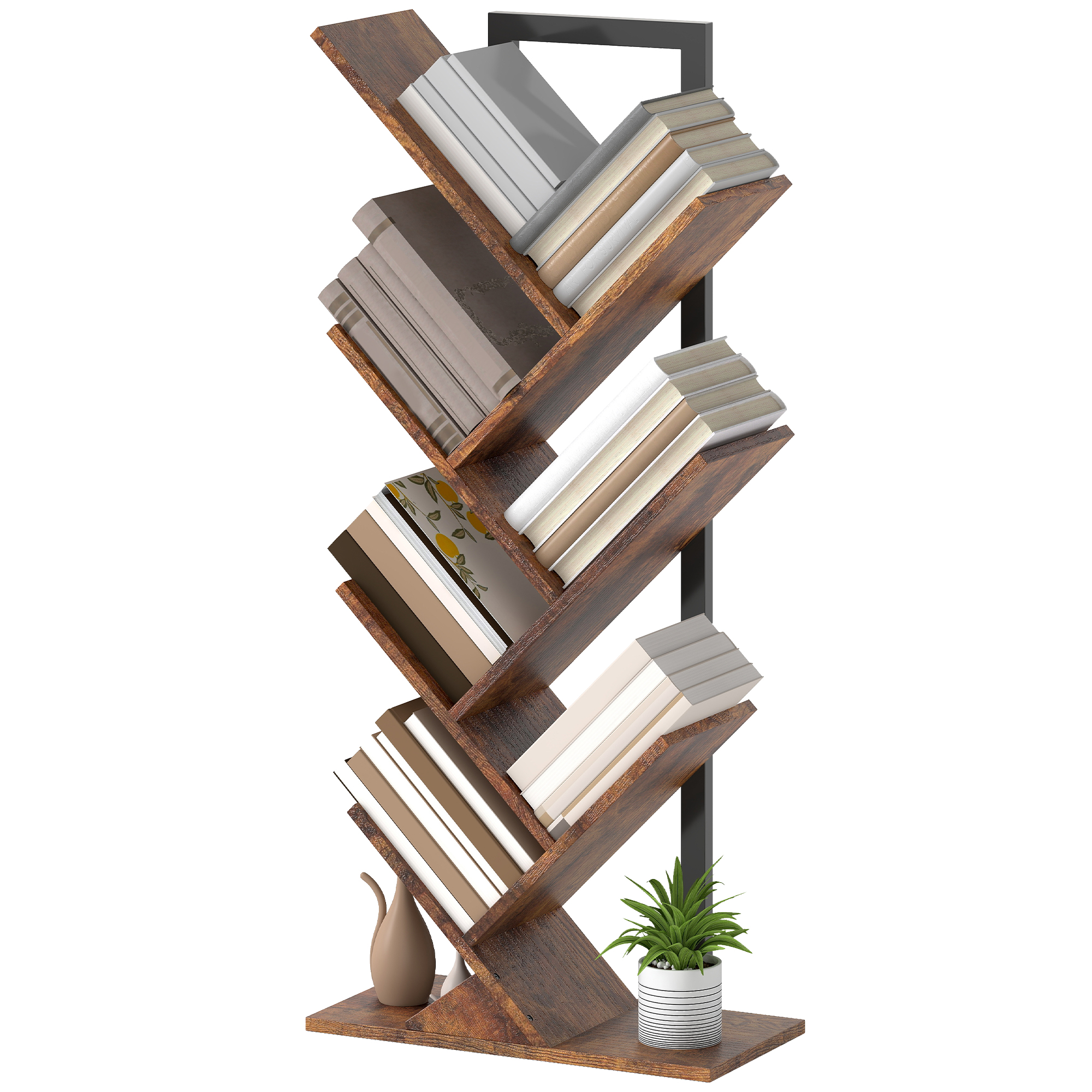 Bücherregal Standregal mit 7 Ebenen Schmal Regal im Baumform für Büro, Rustikal Braun Bücherregal Standregal mit 7 Ebenen Schmal Regal im Baumform für Büro, Rustikal Braun
