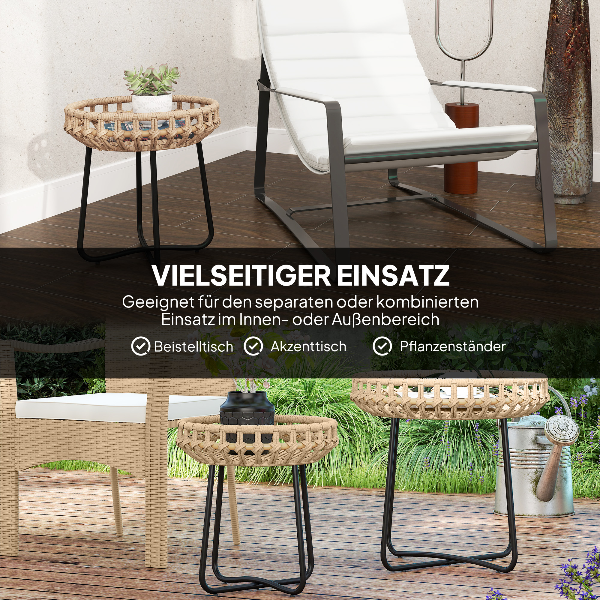 2er Set Beistelltisch Polyrattan Ø60/41 cm rund wetterfest Gartentisch mit X-Beine Verstellbare Fußpads Braun