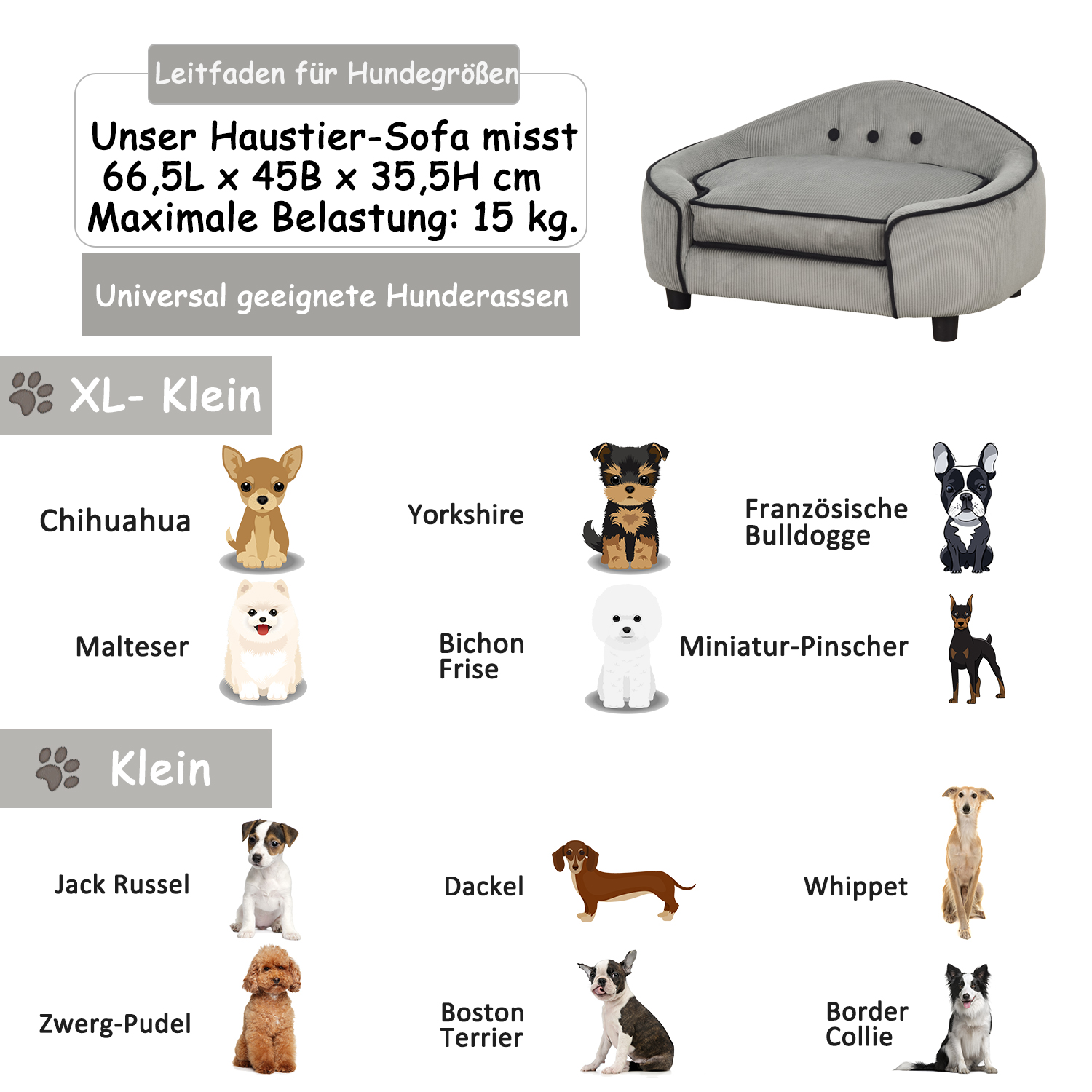 Haustiersofa, Hundebett, Hundematte, Hundesofa, Naturholz+Plüsch, Grau, 66,5 x 45 x 35,5 cm