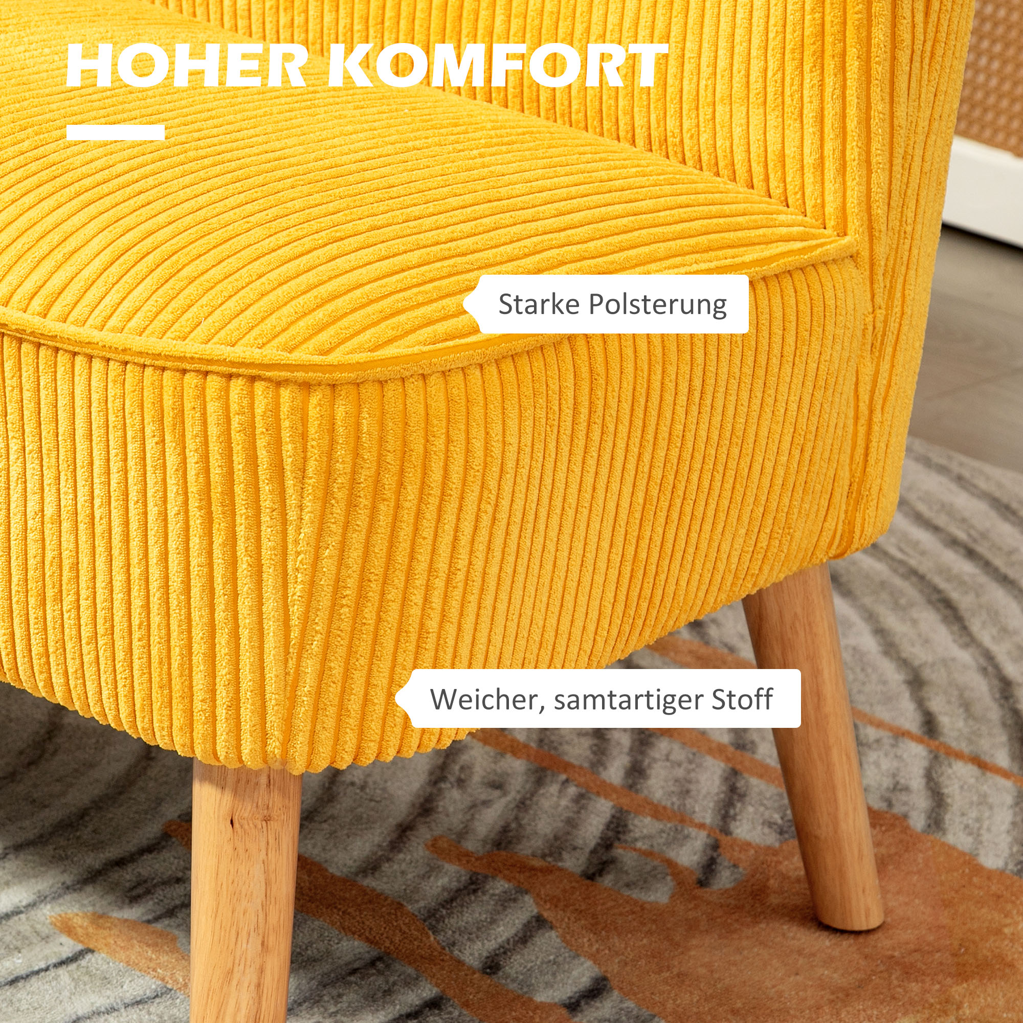 Zweisitzer-Sofa, elegantes Skandi Design, massiver Holzrahmen, bis 150 kg, 117 x 56,5 x 77 cm, Gelb