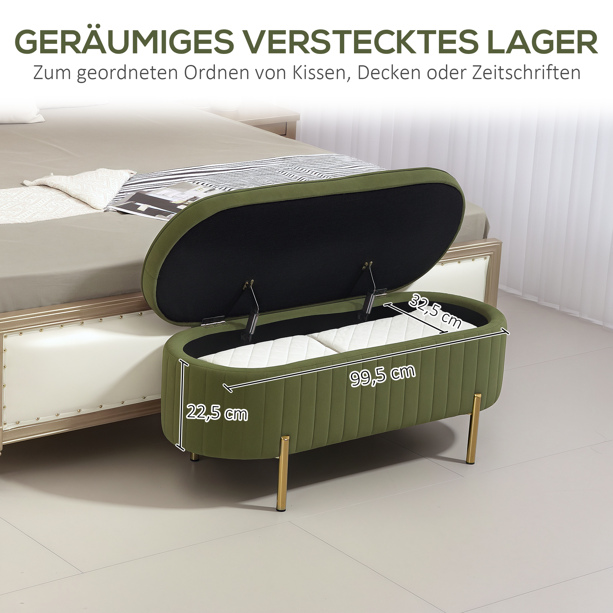 Sitzbank mit Klappdeckel und Stauraum, Stoffbezug, Holz, Metall, Dunkelgrün+Goldfarben