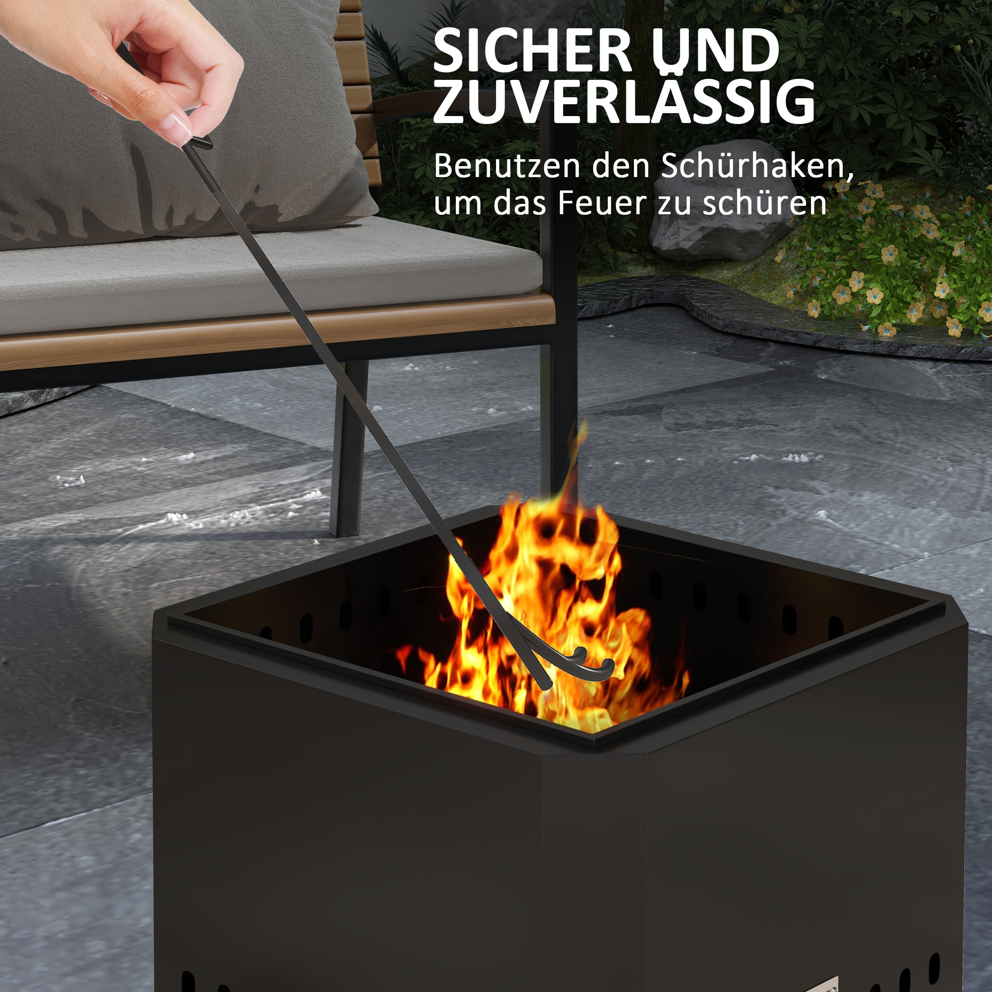 Feuerschale Feuerstelle, inkl. Schürhaken, 48 x 48 x 41 cm, Schwarz