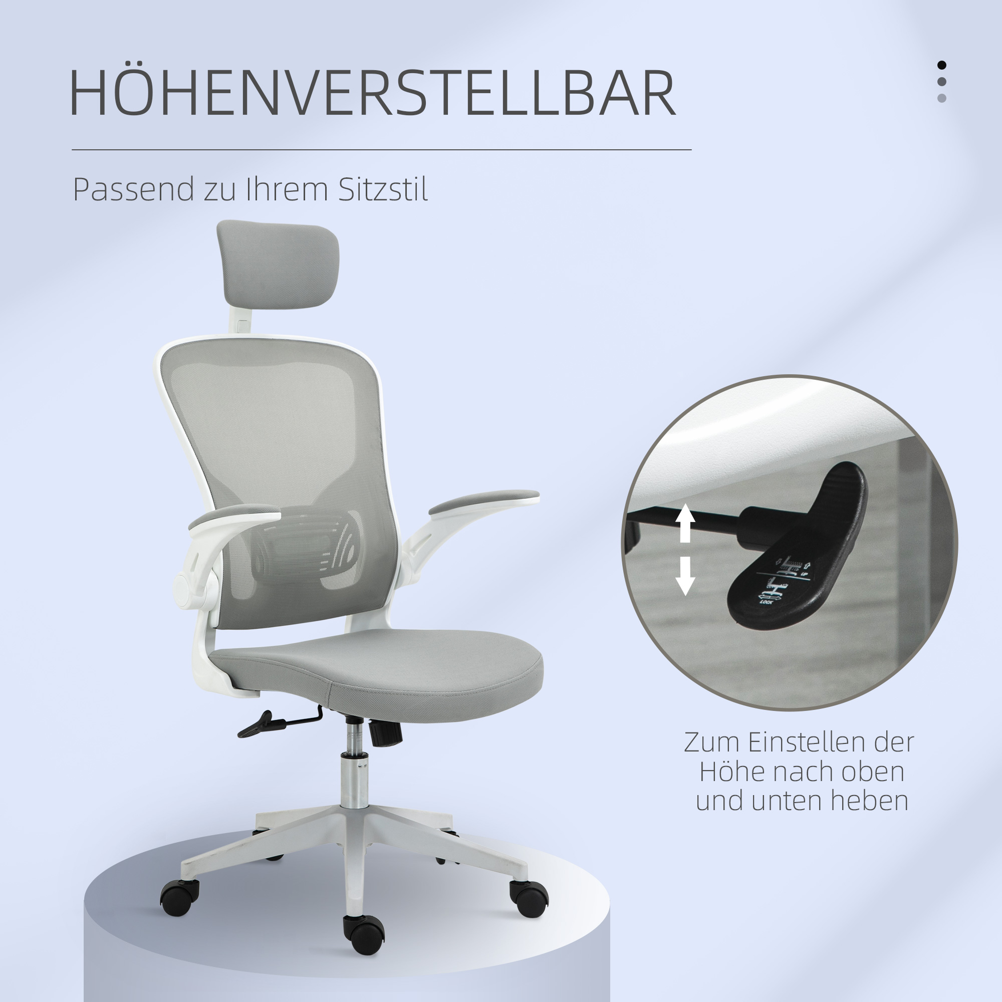 Bürostuhl ergonomischer Shreibtischstuhl mit Wippfunktion hoher Rückenlehne Lendenwirbelstütze Kopfstütze hochklappbarem Arm Home-Office Grau 65 x 64 x 114-122 cm