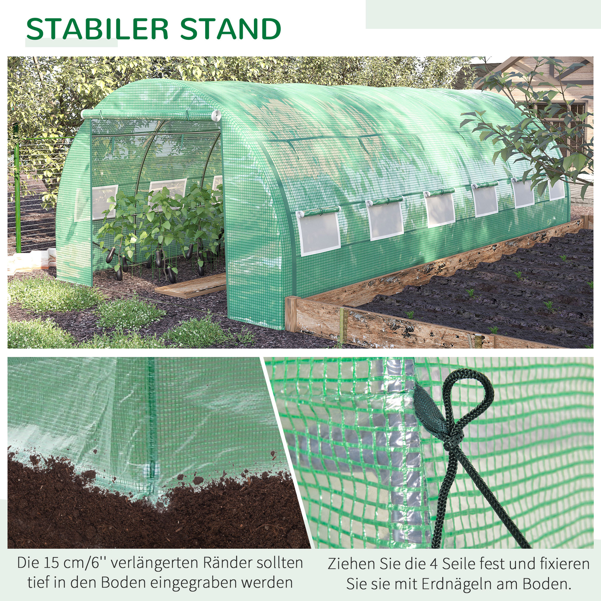 Foliengewächshaus Polytunnel 6 x 3 x 2 m begehbares Gewächshaus mit aufrollbar Abdeckungen Folientunnel Treibhaus UV-Schutz Stahlrohr Grün