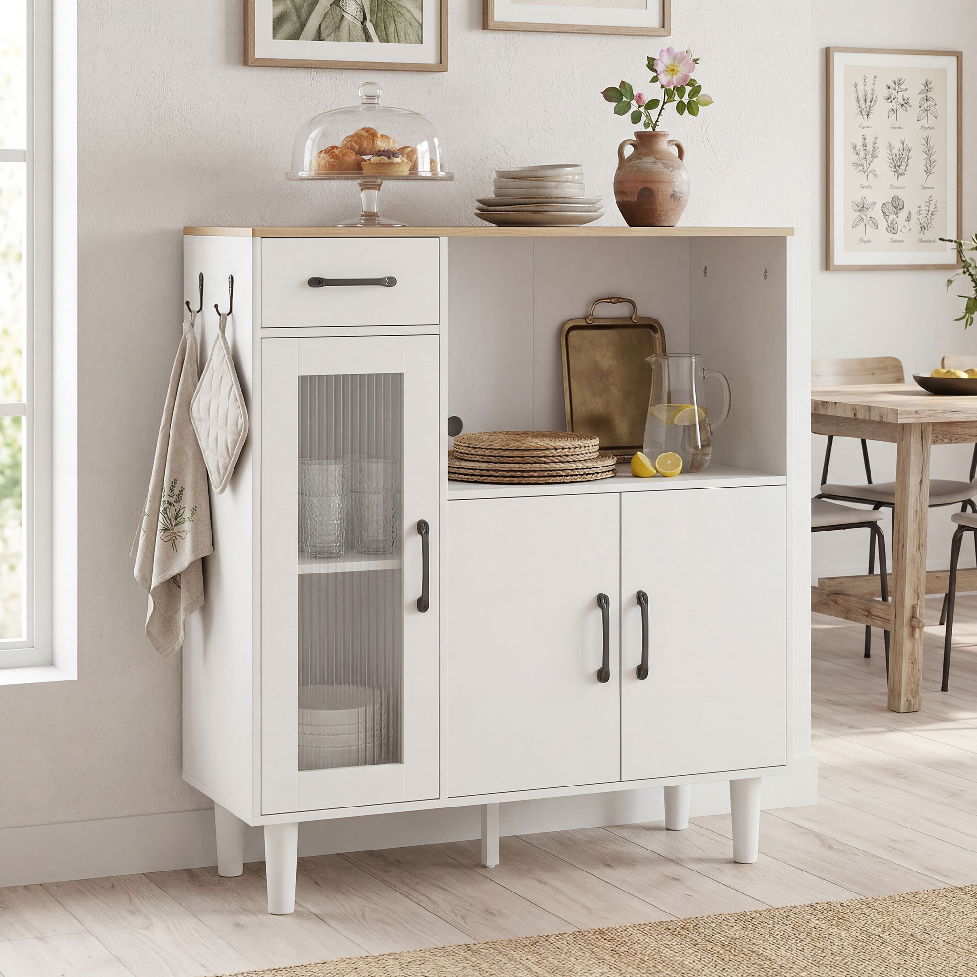 Sideboard Küchenschrank mit Schublade, 2 Schränken, Offenem Fach, geriffelter Acrylglastür 80 x 34 x 91 cm Weiß+Eiche