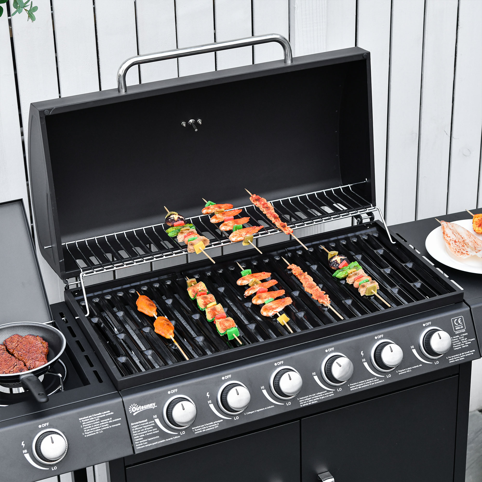 Gasgrill mit 7 Brennern, inkl. Thermometer,  BBQ -Grill, mobiler Grill, Schwarz