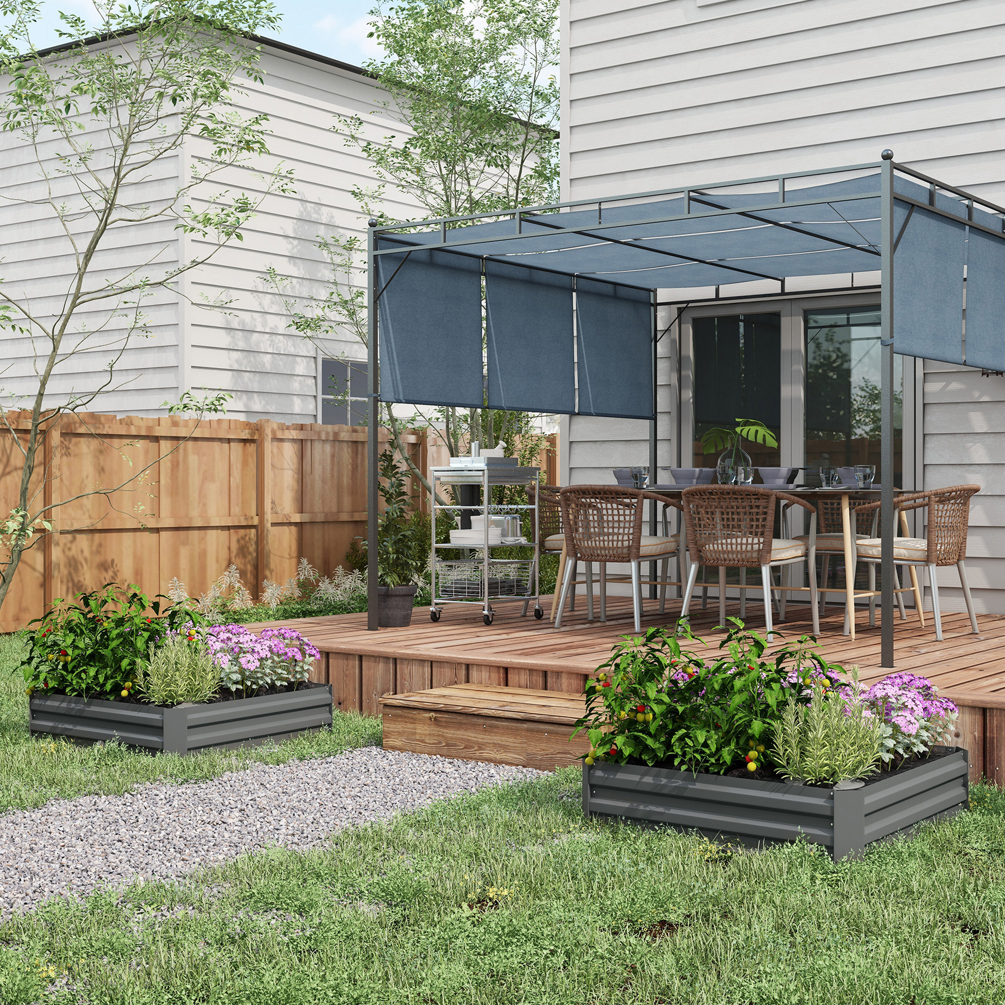 2er Set Pflanzkasten, Blumenkasten, Blumenkübel für Garten, Terrasse, Verzinkter Stahl, 100 x 100 x 30 cm, Dunkelgrau