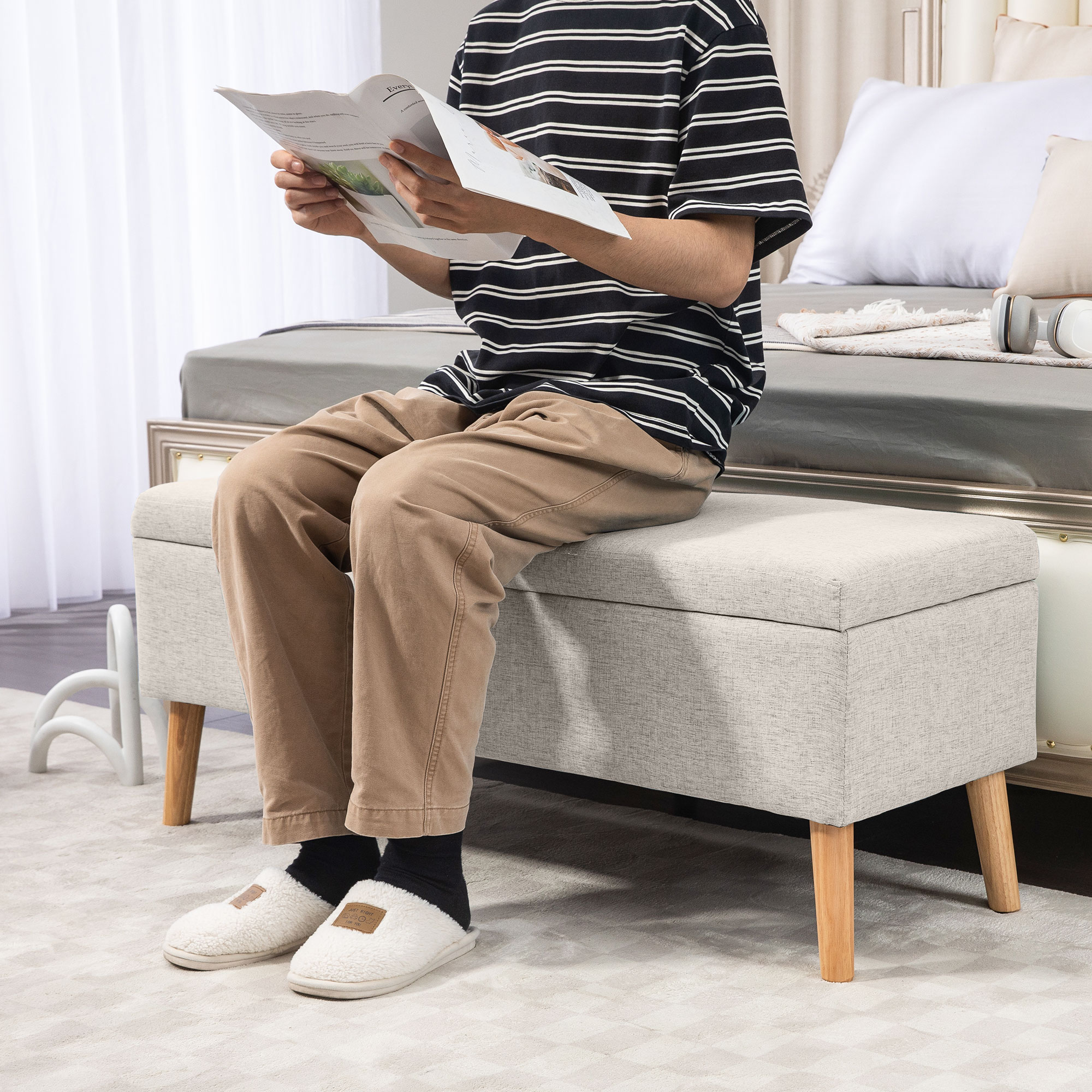 Sitzbank mit Stauraum, bis 220 kg, Leinenoptik, 110x39x45cm, Beige