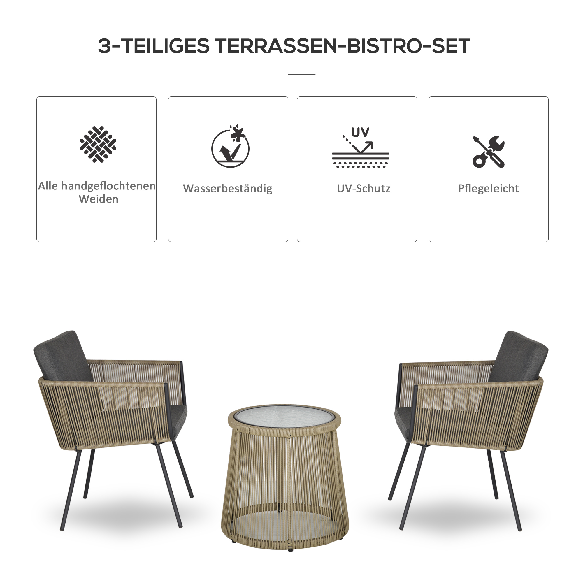 3-teilige Sitzgruppe, 2 Stühle, Beistelltisch, Sitz- & Rückenkissen, Hartglas-Tischplatte, Kunstrattan, Grau