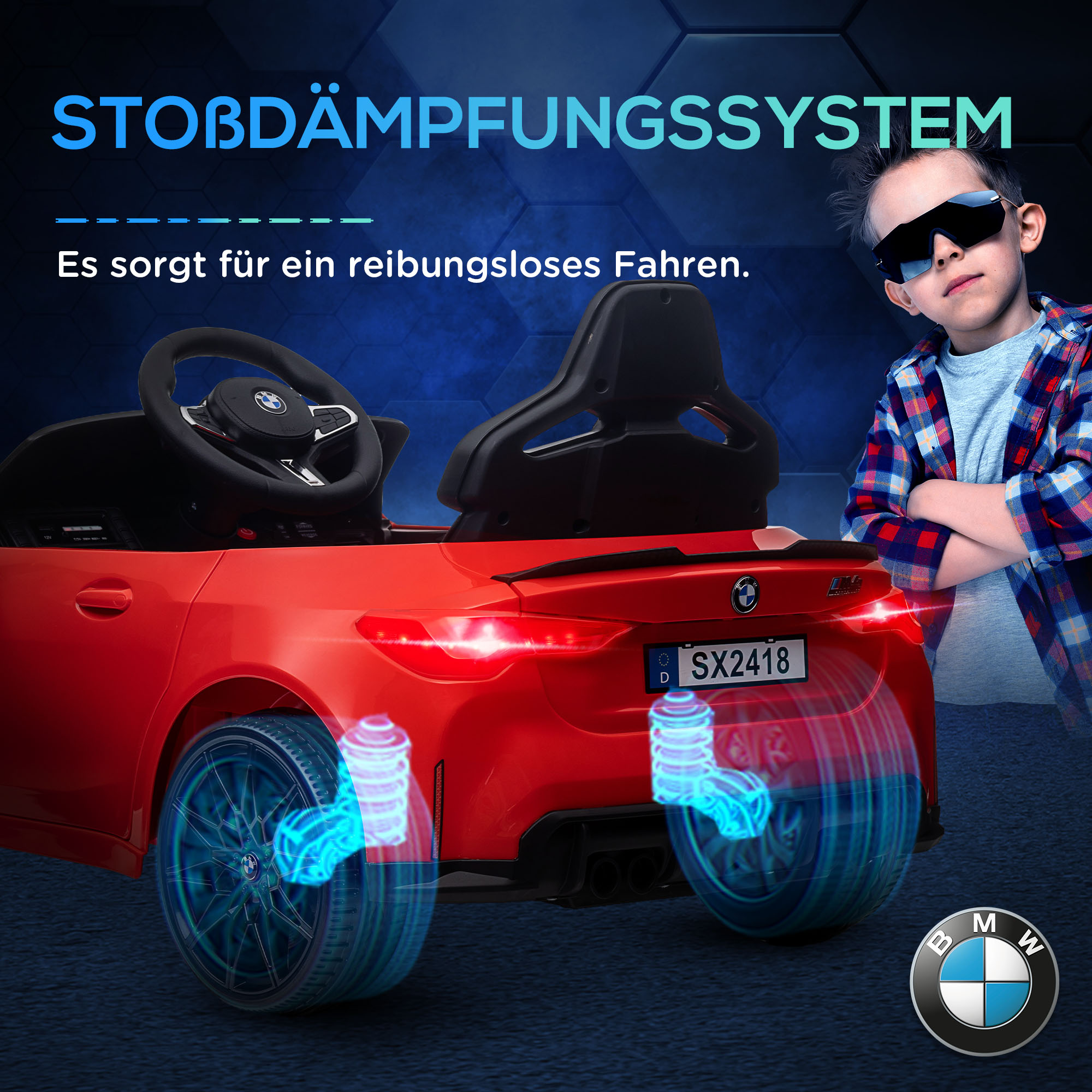 Elektro-Kinderauto BMW M4, Sound & Licht, 3-5 km/h, inkl. Fernsteuerung, für 3-5 Jahre, Rot