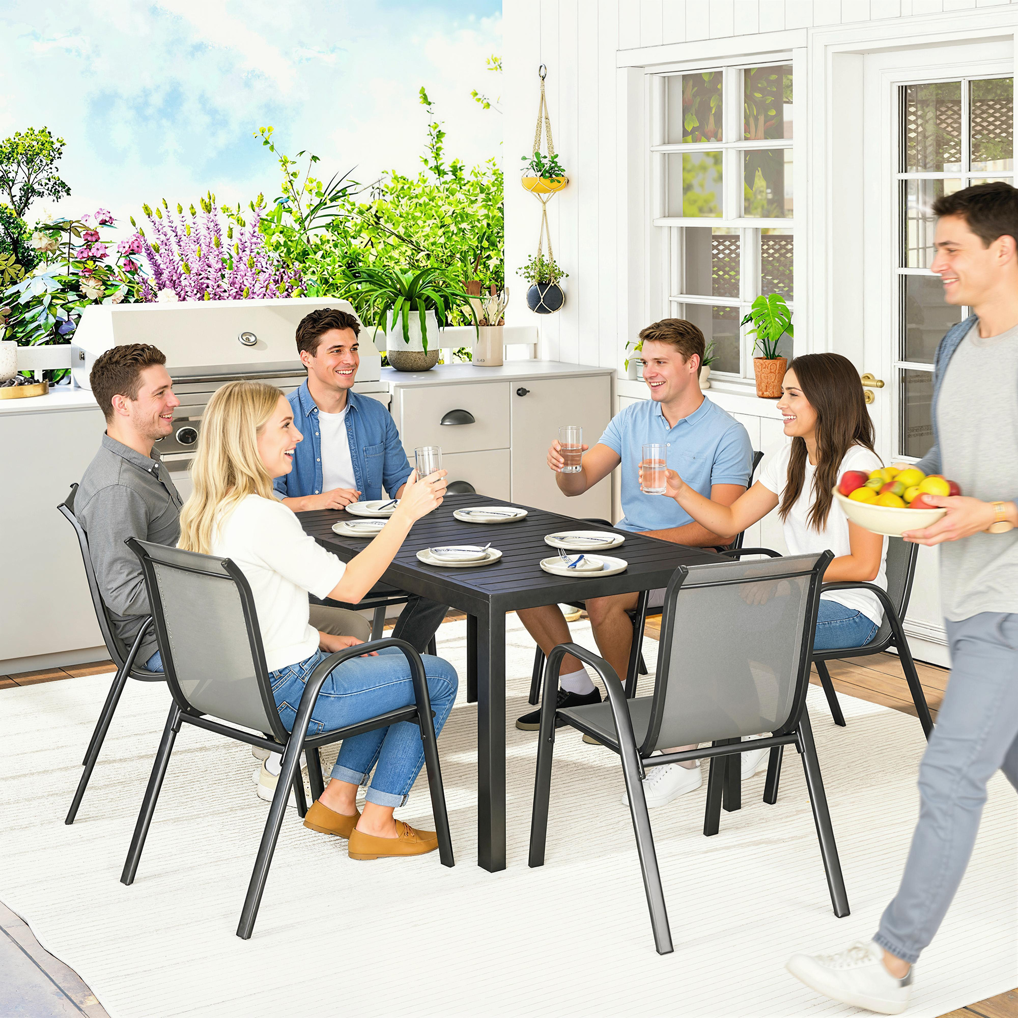 Gartenmöbel Set Sitzgruppe 7-teilig Tisch mit 6 Atmungsaktiven Stapelstühlen Lamelldesign Hellgrau