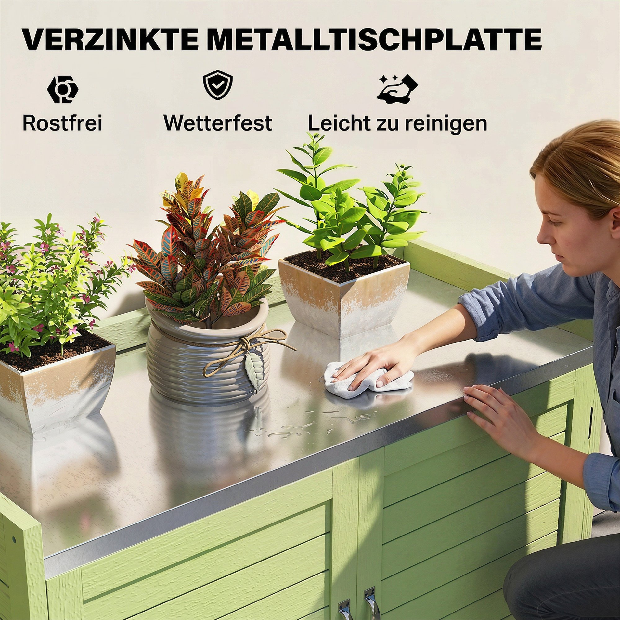 Pflanztisch mit Unterschrank aus Holz Outdoor Gartenschrank mit verzinkter Arbeitsplatte 3 Regalböden 88x40x70,5cm Grün