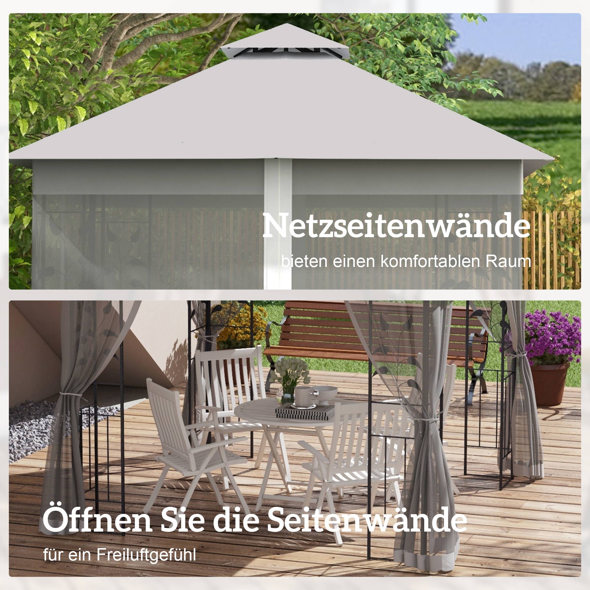 Pavillon mit Doppeldach, 3x3 m Wasserabweisend Stabil Winterfest Gartenpavillon mit Moskitonetz Hellgrau