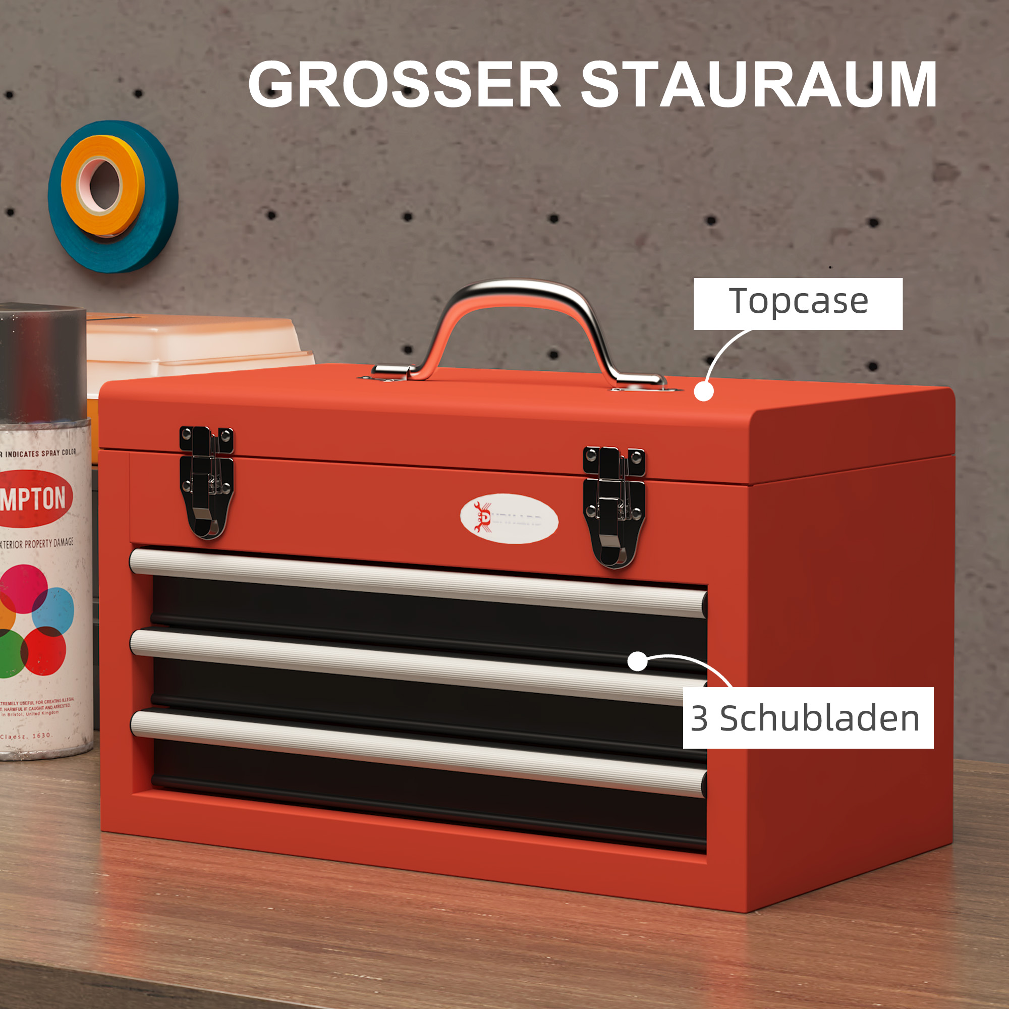 Werkzeugkiste mit 3 Schubladen, 1 Fach, stabile Stahlverschlüsse, 45 x 24 x 27 cm, Rot