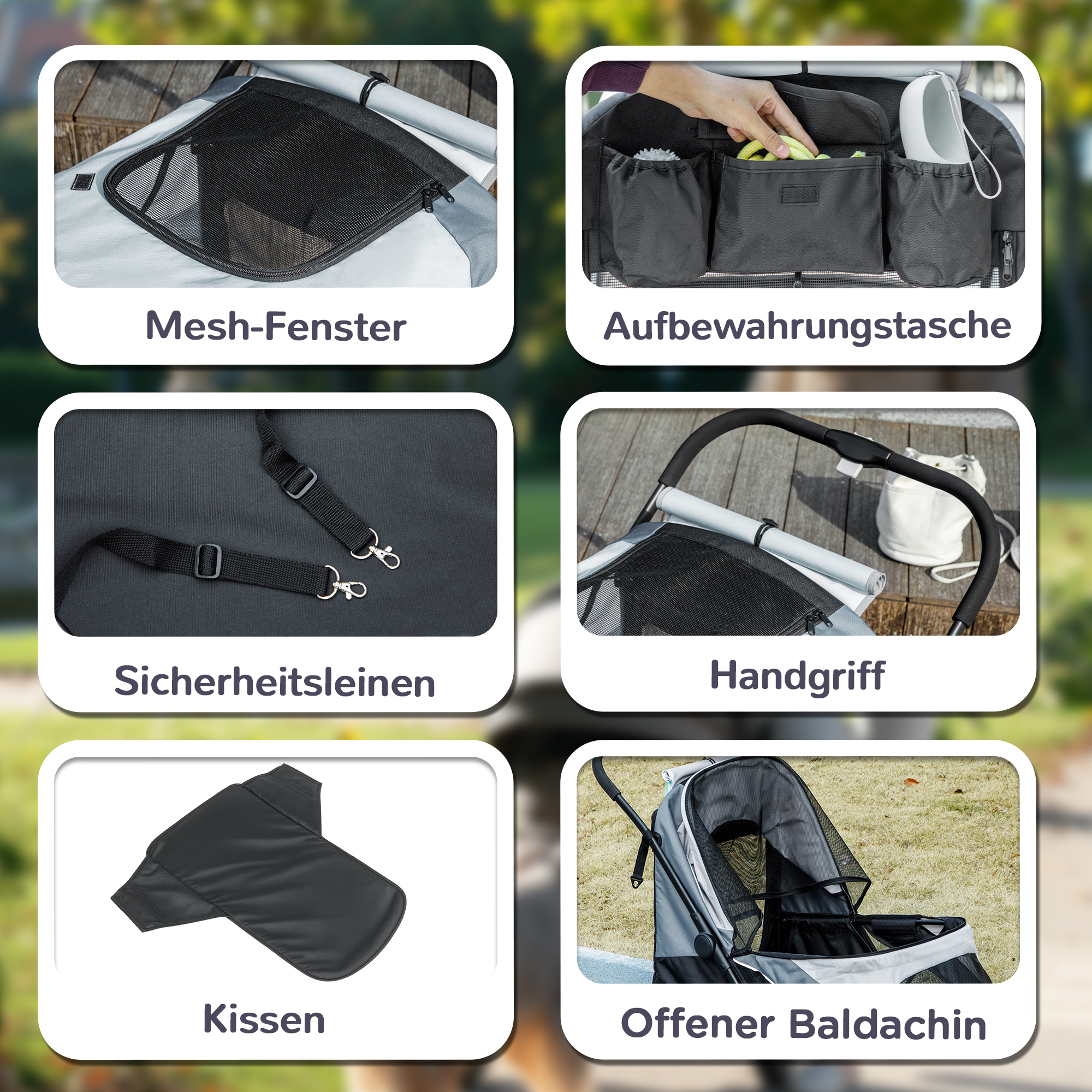 Hundewagen, Faltbarer Hundebuggy für große Hunde, Haustierwagen mit 4 Rädern, Sicherheitsleinen, Bremsen, Grau