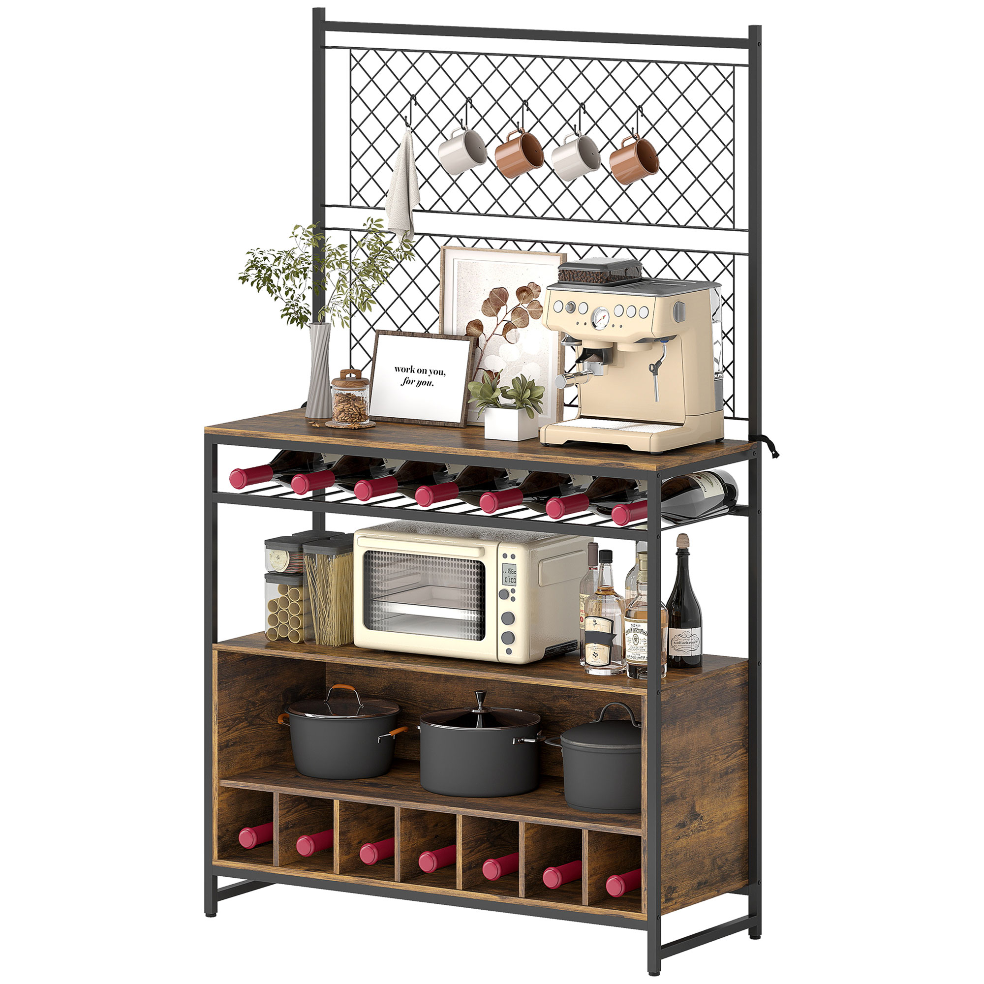 Küchenregal mit Arbeitsfläche, Metallgitterpaneele, 5 Haken, Küchenschrank für Gewürze, Töpfe, Pfannen, Braun Küchenregal mit Arbeitsfläche, Metallgitterpaneele, 5 Haken, Küchenschrank für Gewürze, Töpfe, Pfannen, Braun