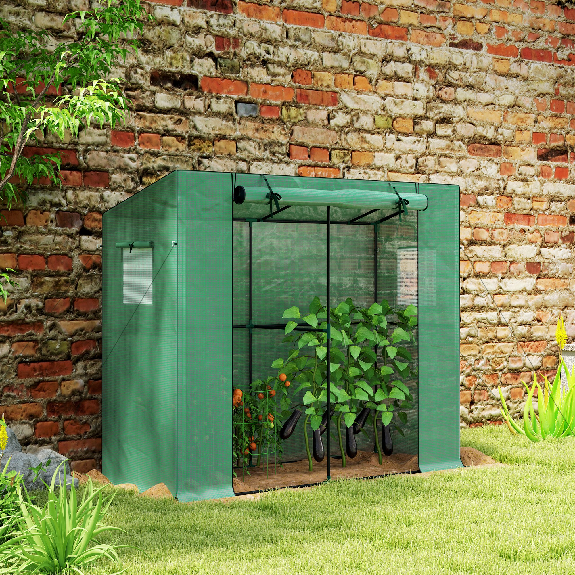 Mini-Gewächshaus, Anlehn-Gewächshaus mit Rolltür und Netzfenstern, UV-beständig, für Blumen, Setzlinge, Pflanzen, Grün