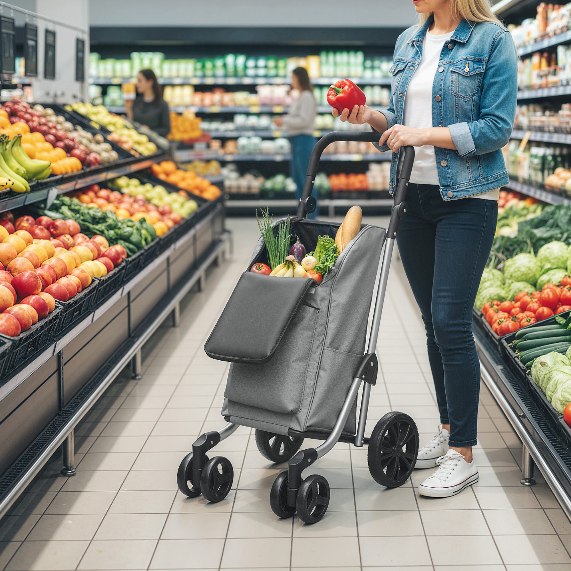 Einkaufstrolley, 46 Liter Tasche, Faltbarer Einkaufswagen mit Kühltasche, verstellbarer Griff, Aluminiumrahmen, Grau