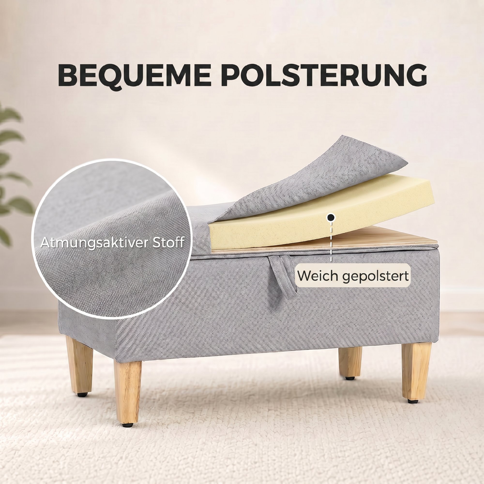 Sitzbank mit Stauraum aus Leinenoptik, gepolsterter Fußhocker mit Gummibaumholzbeinen, Staubox, Hellgrau