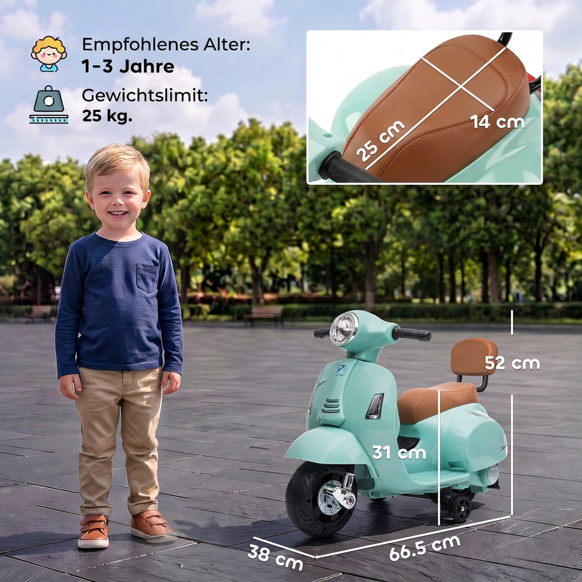 Elektro Motorrad Kinder Mini Vespa GTS 6V Elektromotorrad mit Lithium-Akku Ergonomischer Sitz Rückenlehne 1,5-3 Jahren
