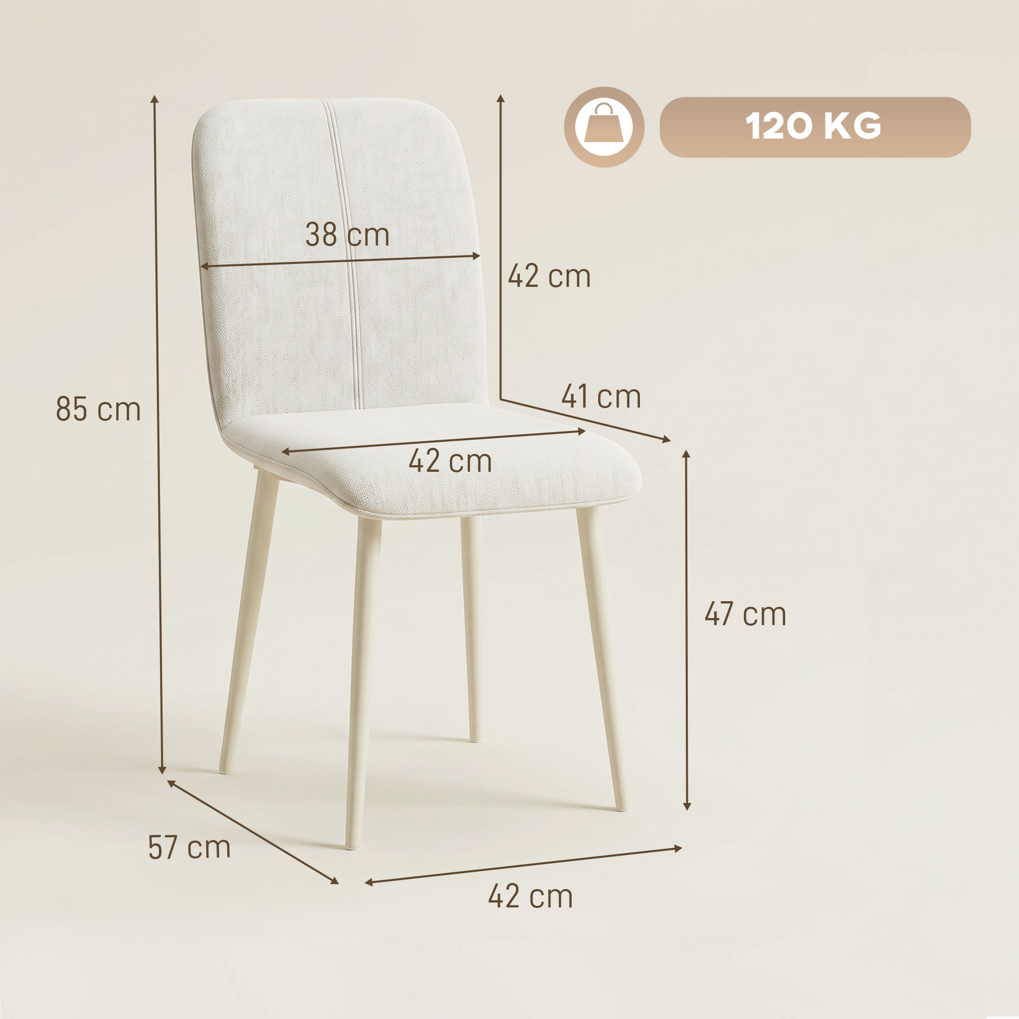 Esszimmerstühle 2er-Set, gepolsterte Küchenstühle in Leinenoptik mit leichten Beinen, Creme