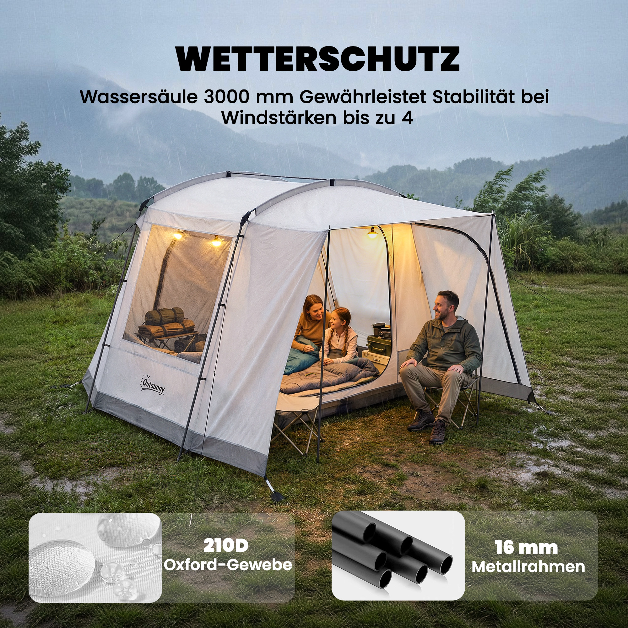 Heckzelt für 2-4 Personen, 320 x 280 x 205 cm 2 in 1 Autozelt wasserdicht Tunnelzelt mit 4 Türen Fenster Bodenplane