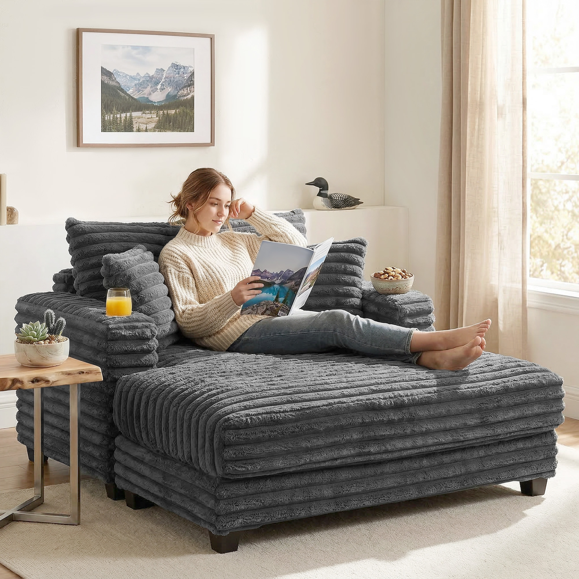 Chaiselongue 2 Sitzer Groß Schlafsofa 134 x 151 cm mit Becherhalter für Wohnzimmer, Grau