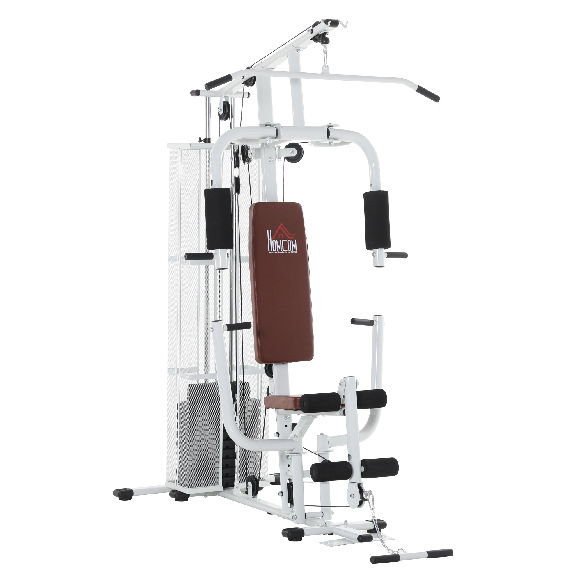 Gym Kraftstation Fitnessstation Multigym Fitnesscenter Fitnessgerät inkl. Gewichten Latzug Beincurl  Metall PU-Kunstleder Weiß 150 x 110 x 210 cm