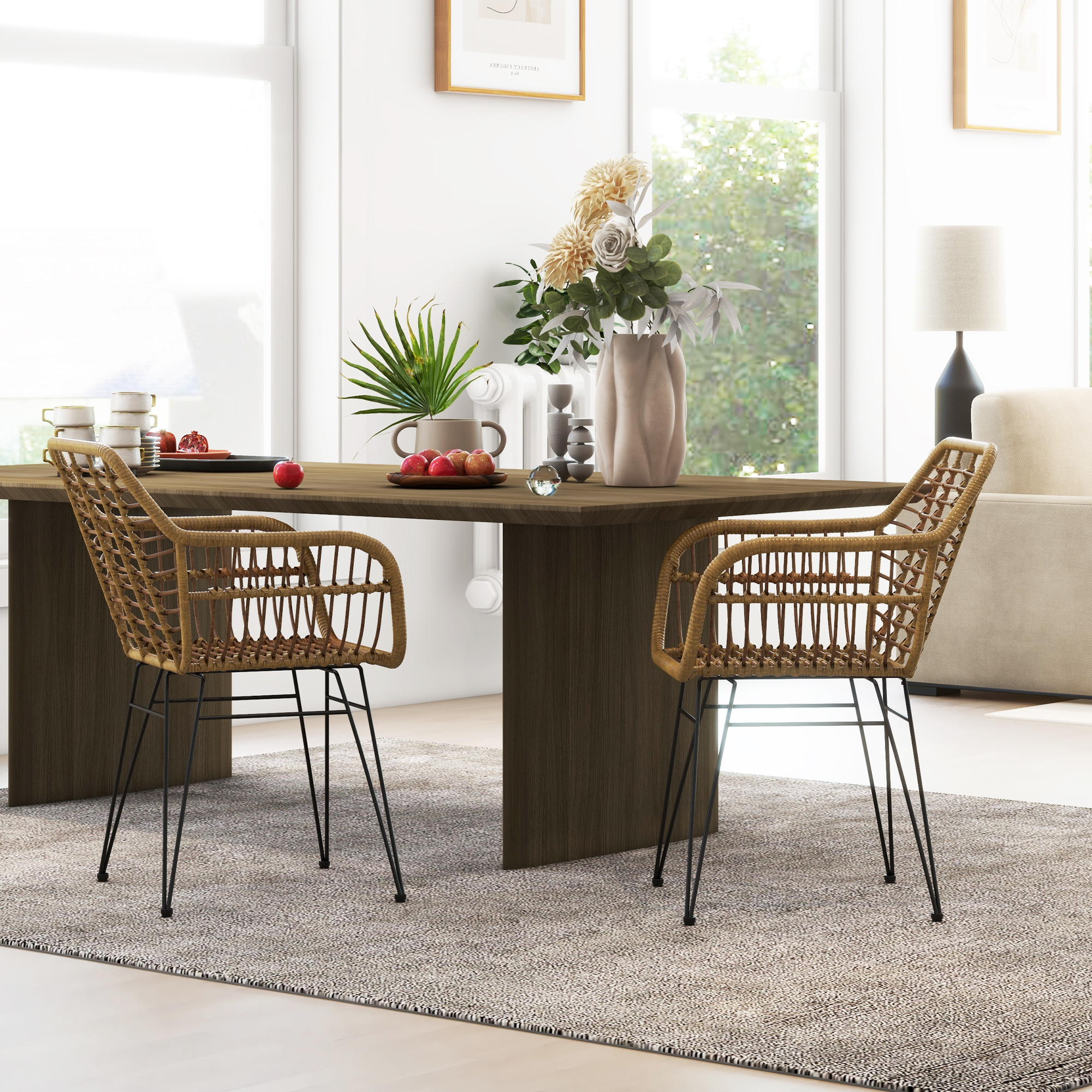 2-er-Set Stühle im Boho-Stil, Küchenstühle, PE-Rattan, 56 x 60 x 79 cm, Natur + Schwarz