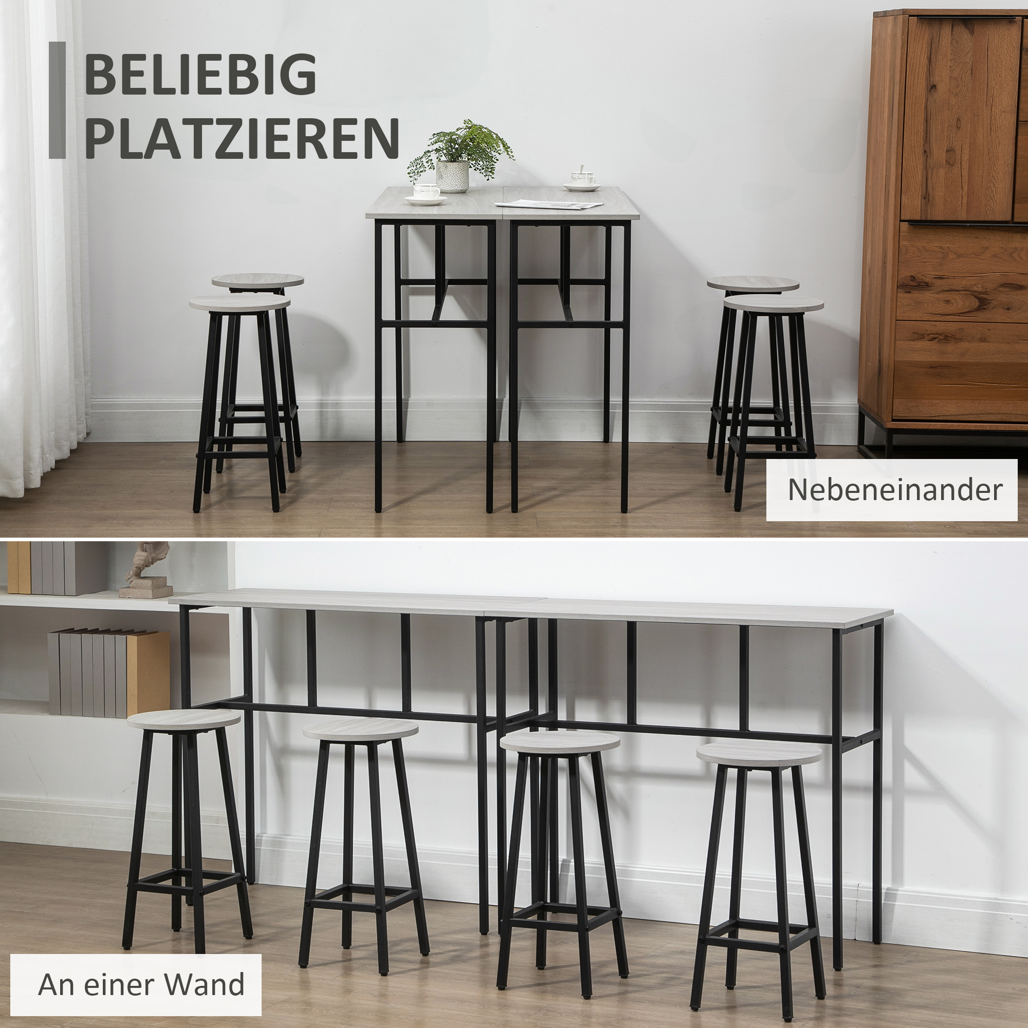 Bartisch-Set im Industriedesign, 6-teilig, 2 Tische und 4 Barhocker, Grau + Schwarz