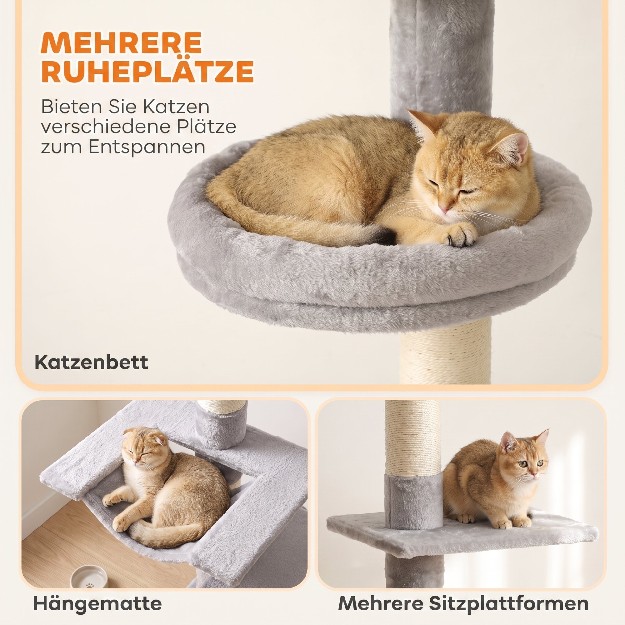 Kratzbaum Deckenhoch 230–260 cm höhenverstellbar Katzenbaum mit 5 Etagen 3 dicke Sisal-Kratzstämmen, Sisal-Kratzbrett