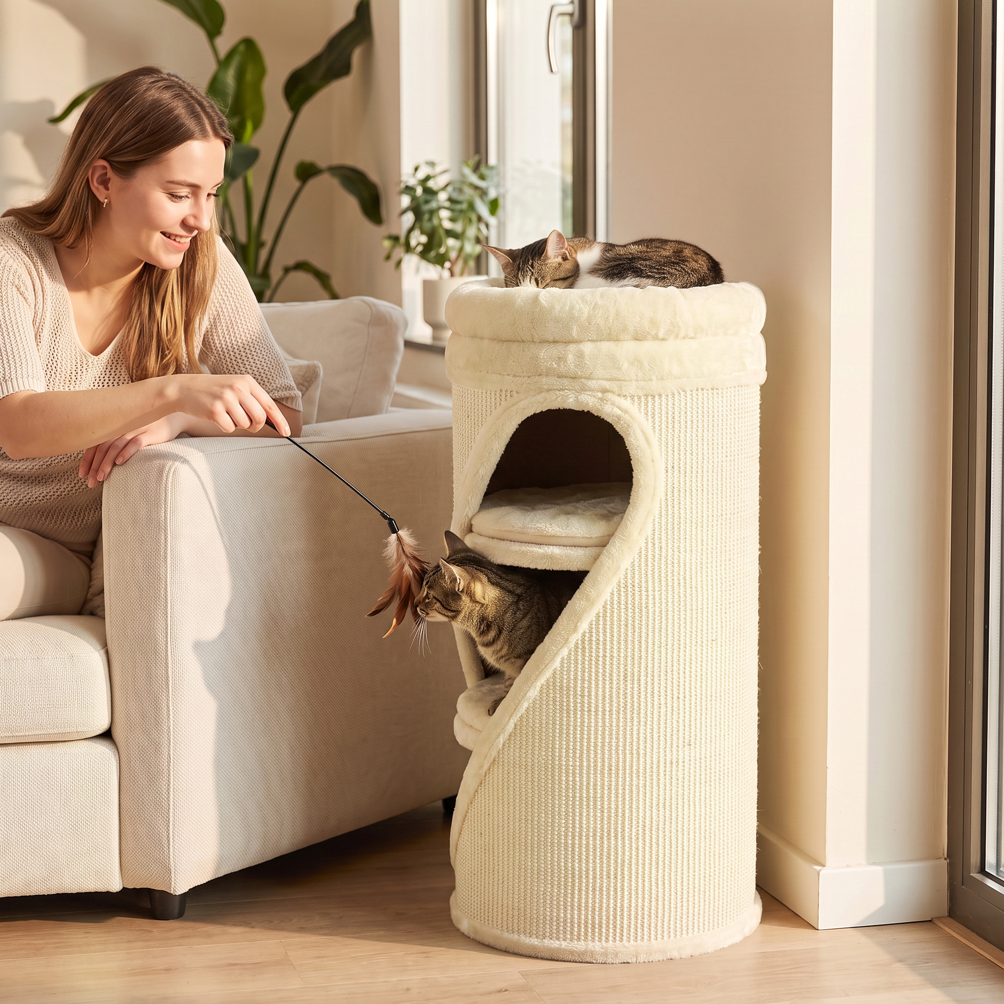 Kratztonne 75 cm Hoch Ø 35 cm 4-Stufige Katzentonne mit 3 Höhlen, abnehmbarem waschbarem Plüschbett Sisal-Kratzfläche