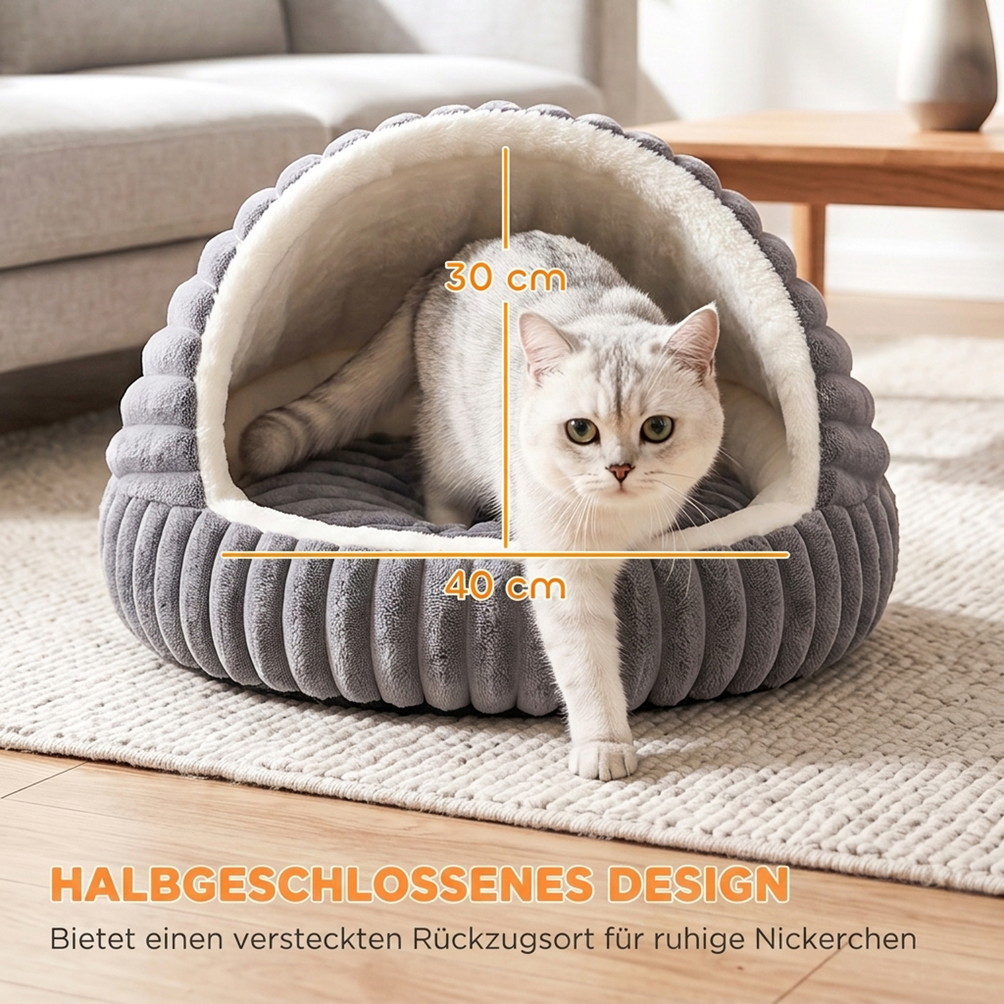 Katzenbett Plüsch Katzenhöhle mit abnehmbarem Kissen, Rutschfester Boden, Waschbar Katzenkorb, für Katzen bis 5 kg, Grau