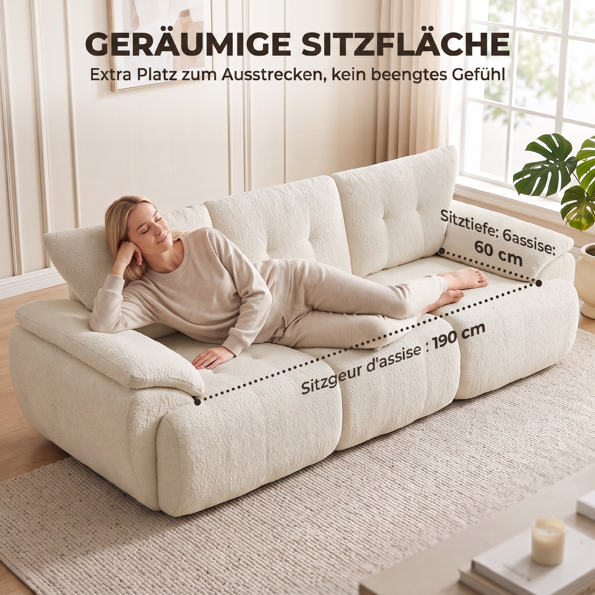 3-Sitzer-Sofa, 260 cm, Chenille, rahmenloses Modulsofa mit extra breiter, tiefer Sitzfläche, breiten Armlehnen