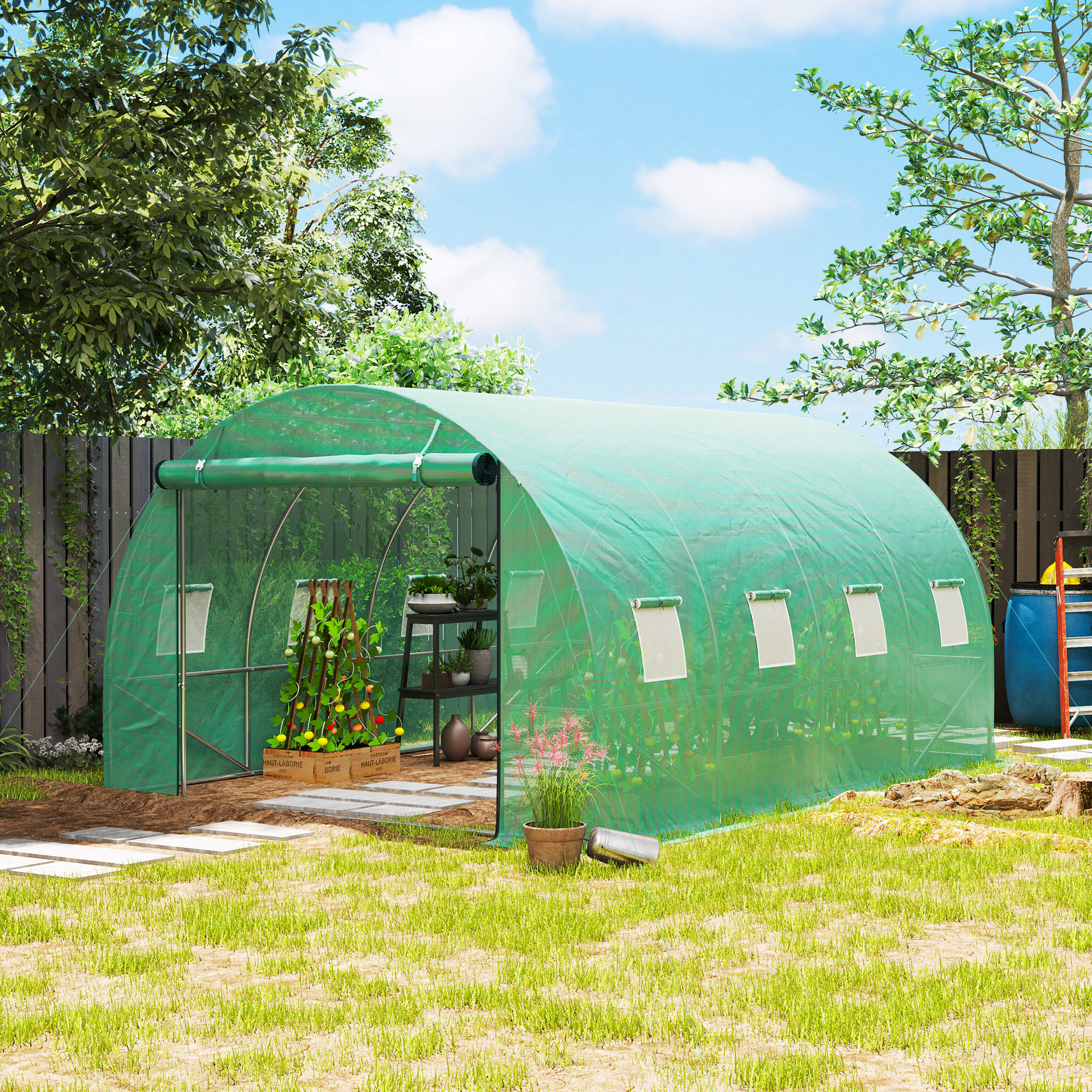Polytunnel Gewächshaus mit Kunststoff-Abdeckung und Stahlrahmen, begehbares Gewächshauszelt mit Rolltüren, Grün