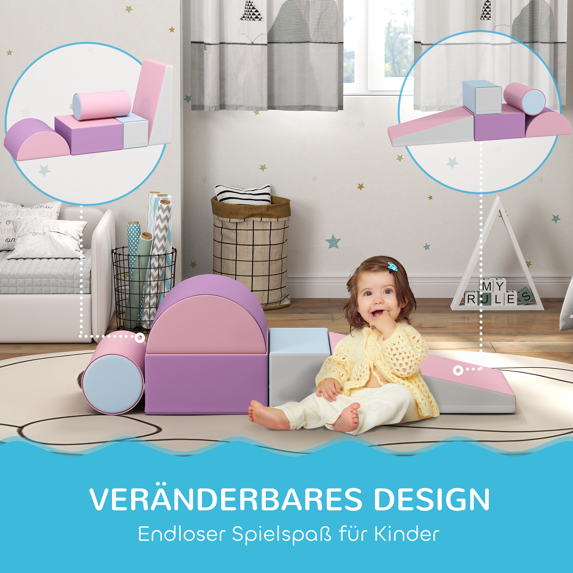 Softbausteine, 5er-Set Schaumstoff-Bausteine für Kinder im Alter von 1-3 Jahren, Kunstleder, Mehrfarbig