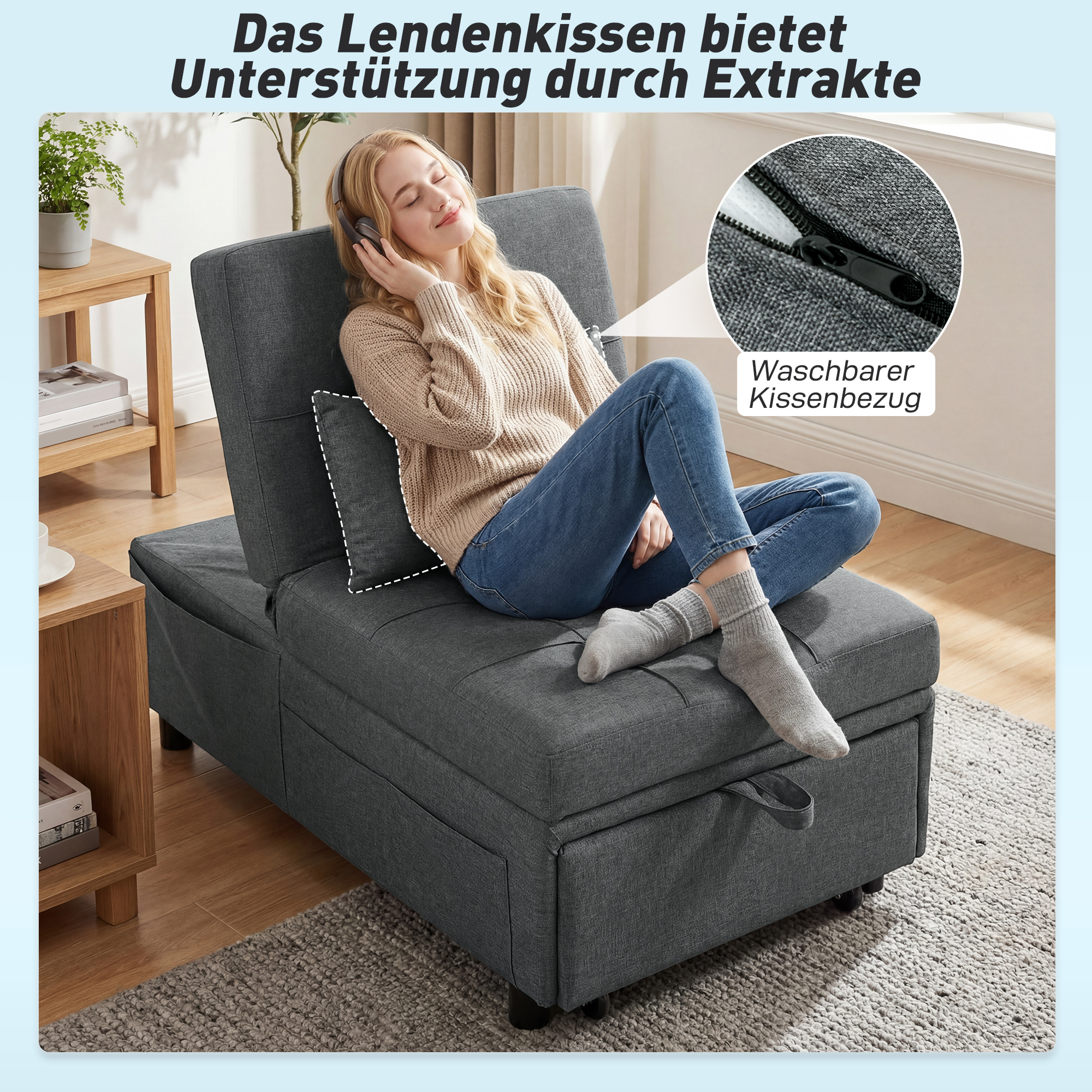 4-in-1 Multifunktionales Schlafsofa, umklappbarer Schlafsessel mit verstellbarer Rückenlehne und Kissen