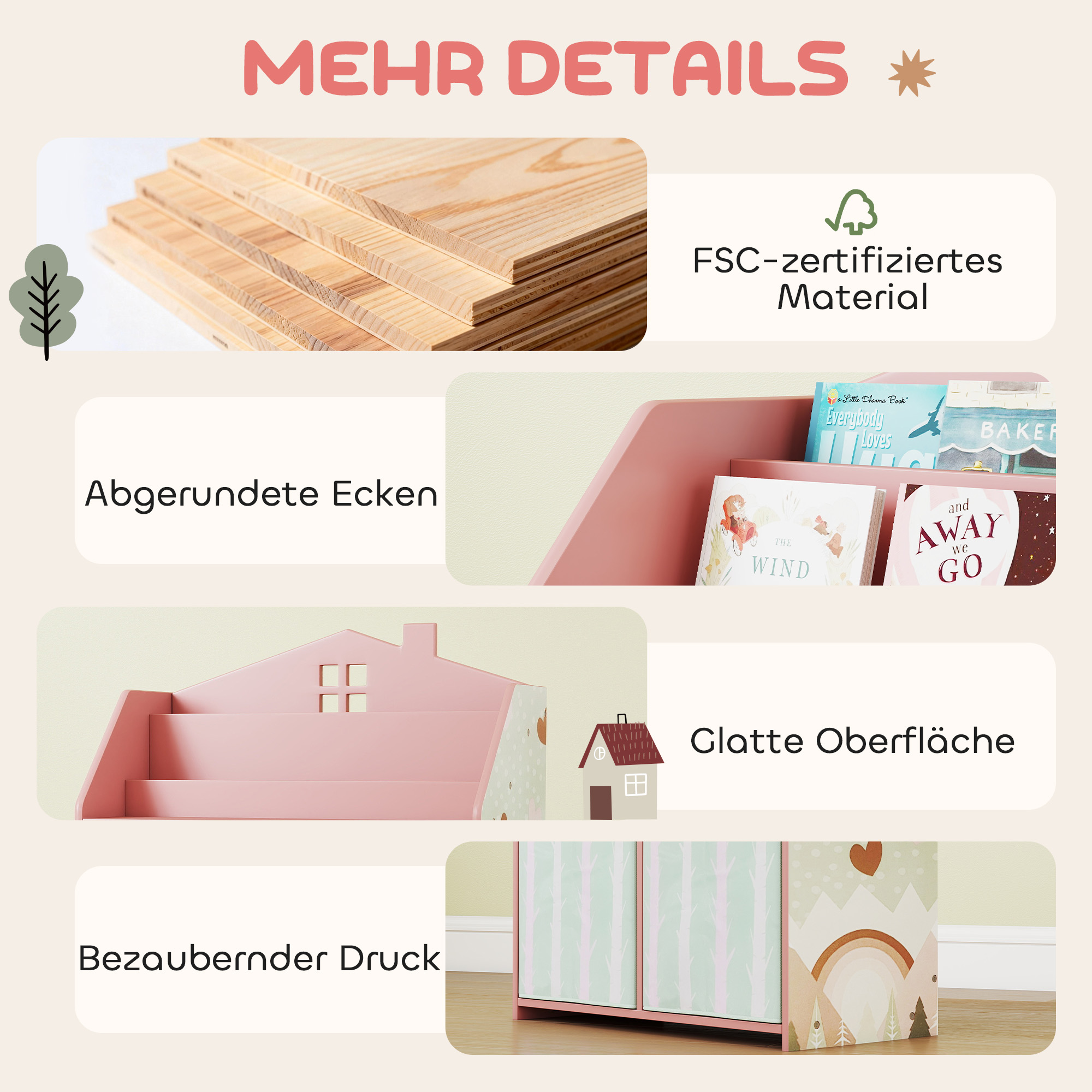 Kinderregal Bücherregal Kinder mit 2 Stoffschubladen offen Regal für 3-8 Jahre 62,5x30x91,5 cm Rosa